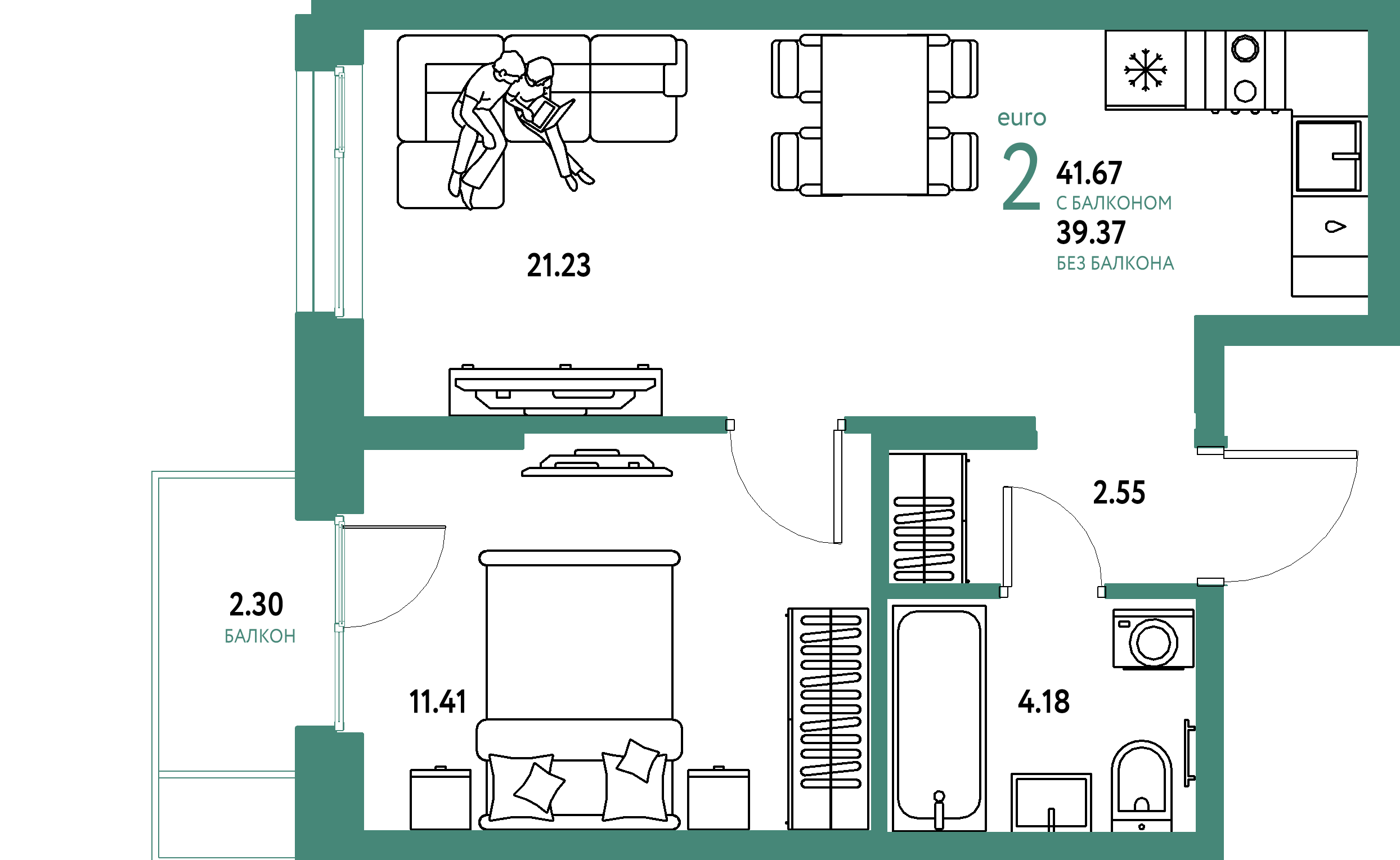 ЖК "Европейский берег 2.0"-2-комнатная 41.67 м²