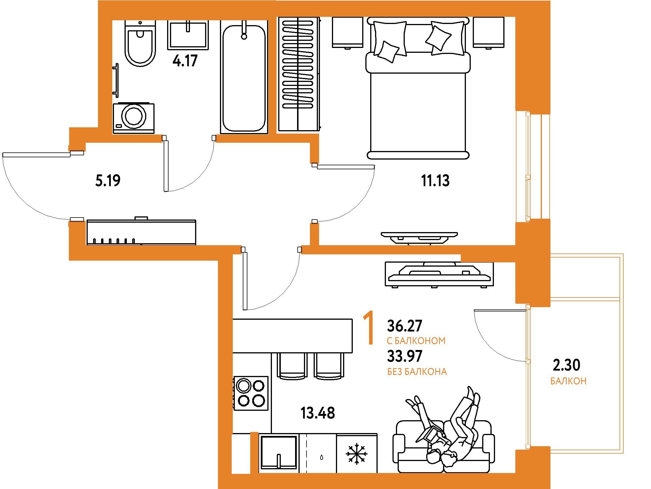 ЖК "Европейский берег 2.0"-1-комнатная 36.27 м²