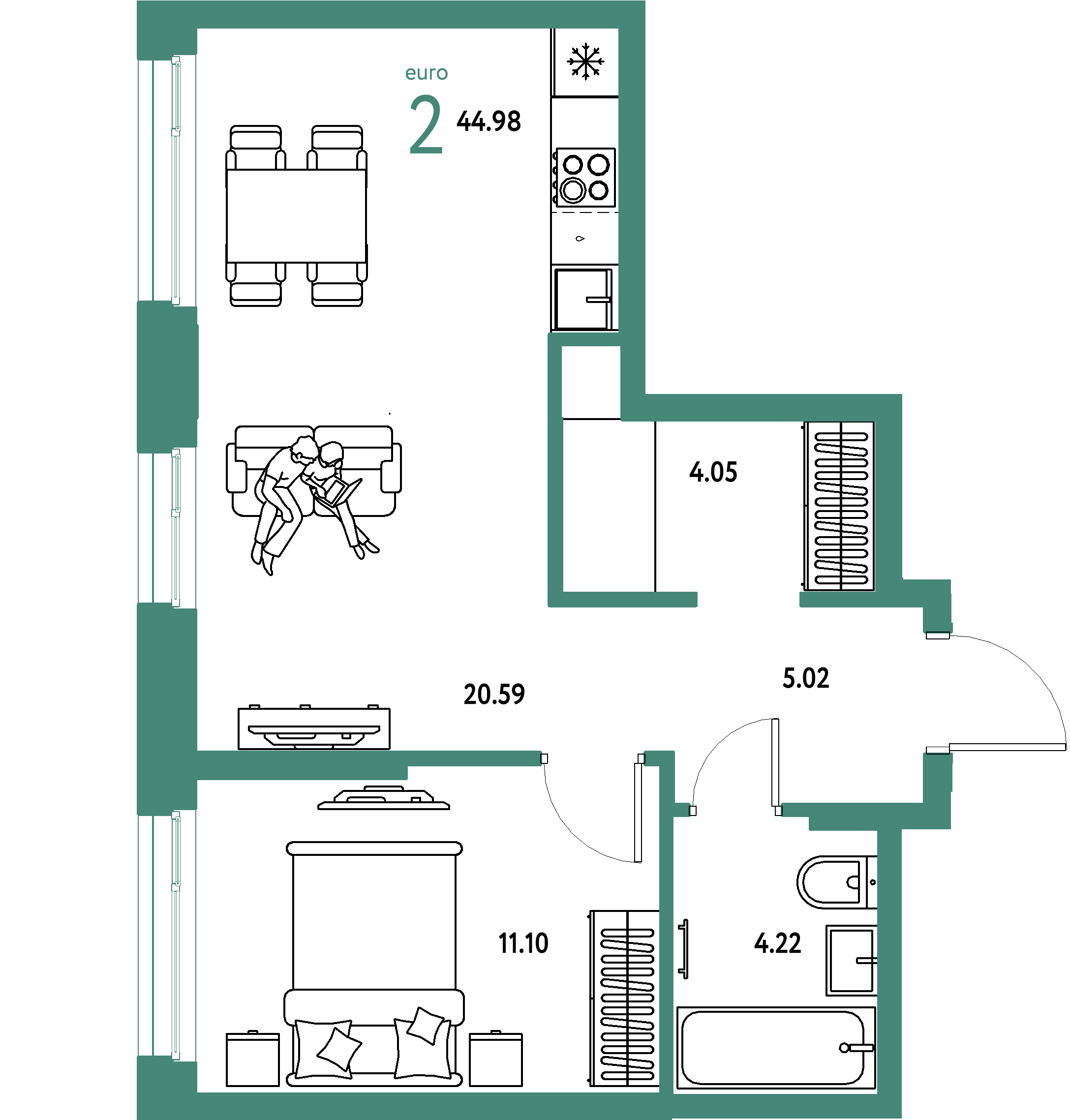 ЖК "Европейский берег 2.0"-2-комнатная 44.98 м²