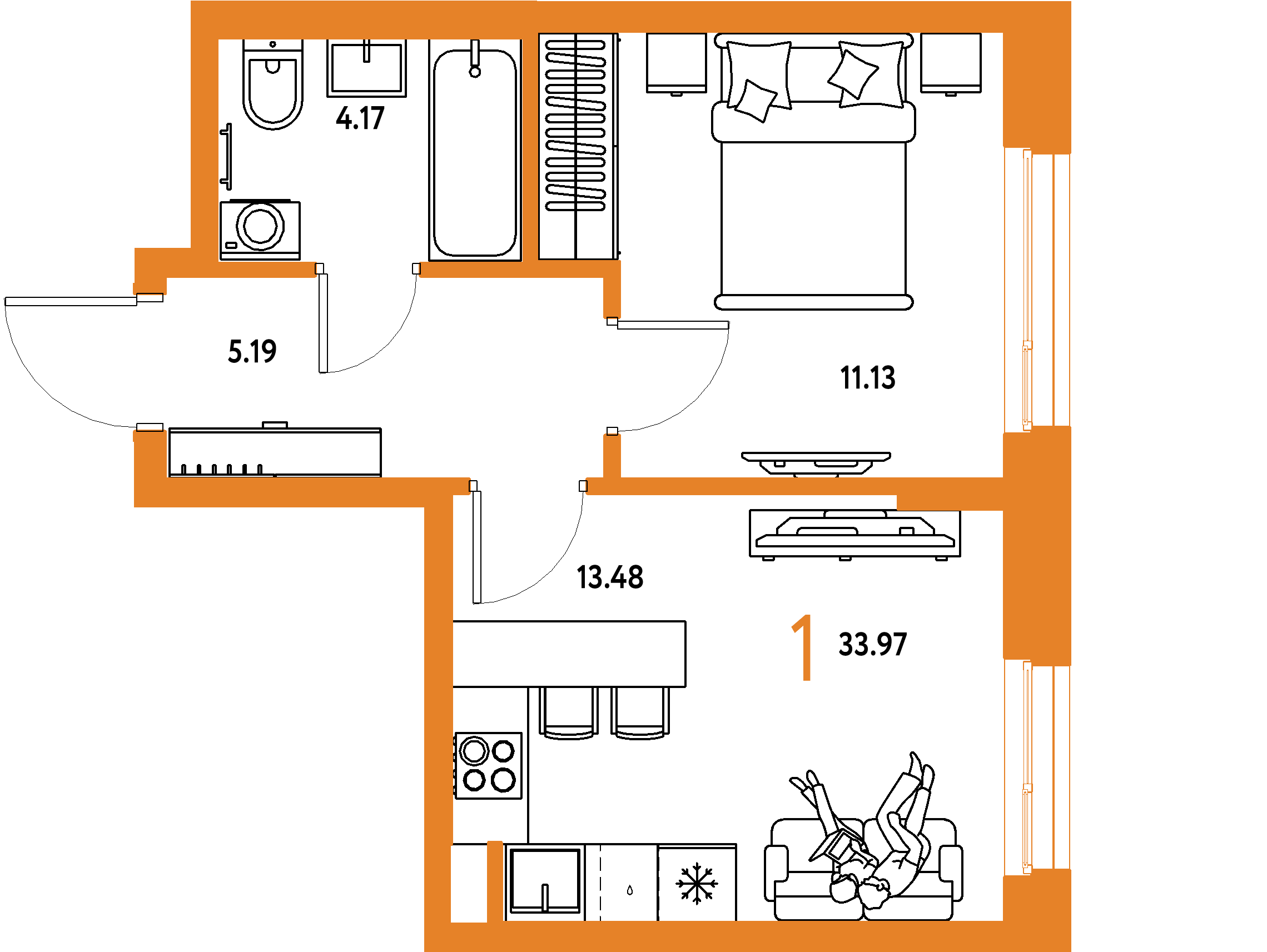 ЖК "Европейский берег 2.0"-1-комнатная 33.97 м²