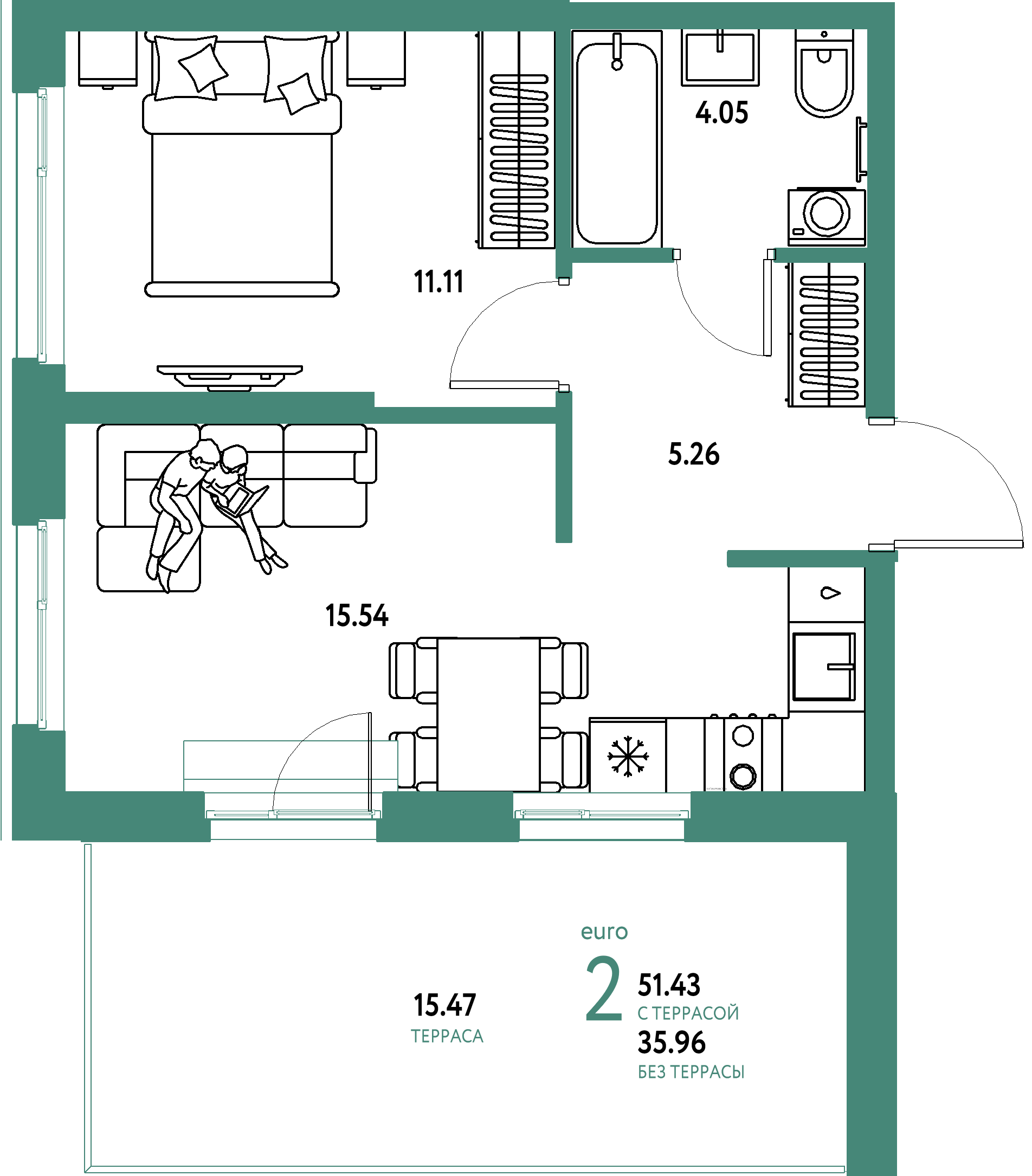 ЖК "Европейский берег 2.0"-2-комнатная 51.43 м²
