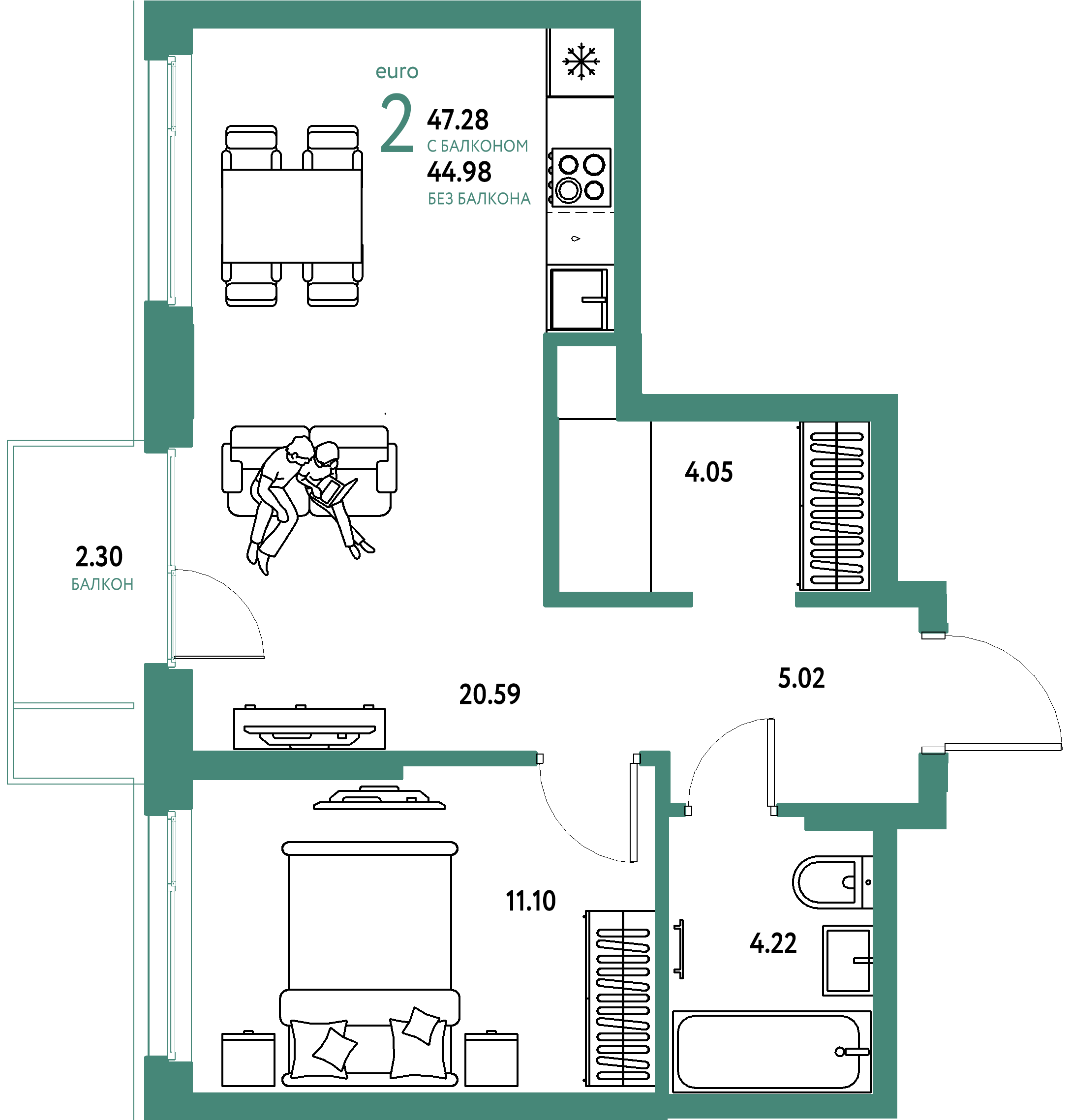 ЖК "Европейский берег 2.0"-2-комнатная 47.28 м²