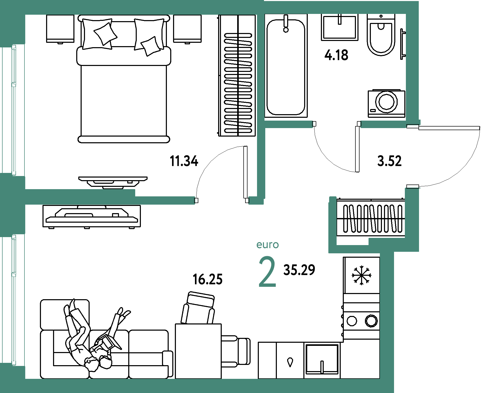 ЖК "Европейский берег 2.0"-2-комнатная 35.29 м²
