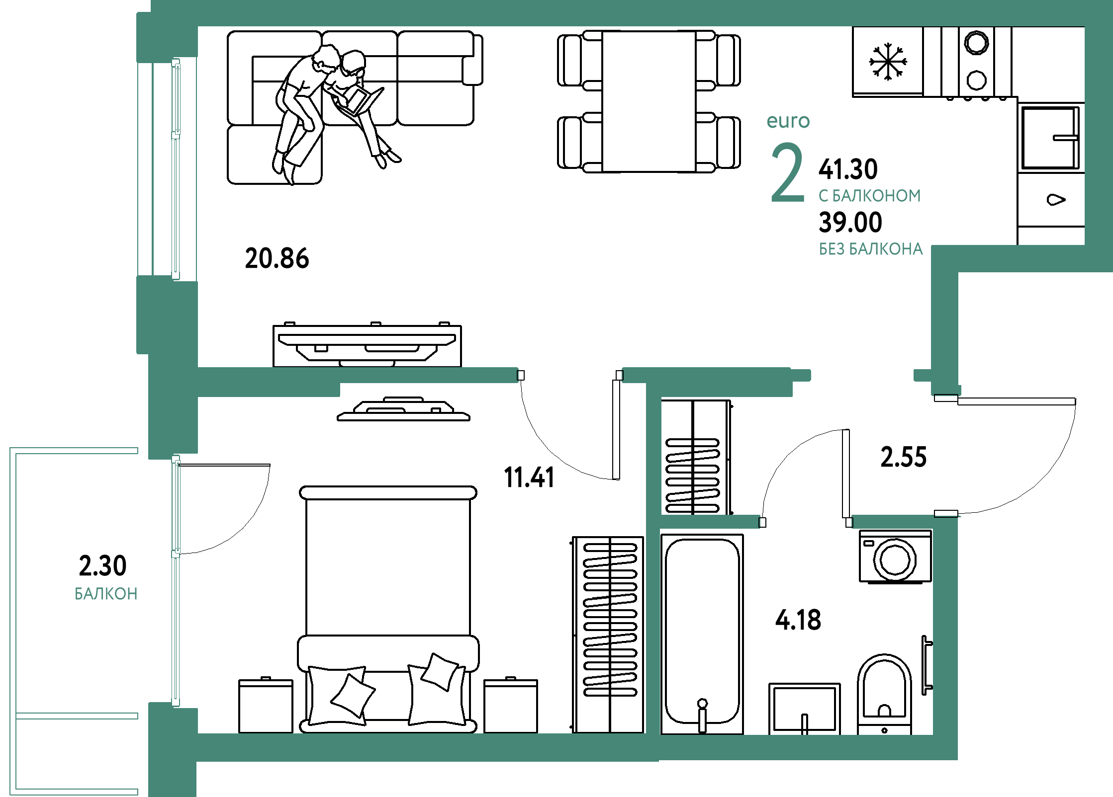 ЖК "Европейский берег 2.0"-2-комнатная 41.3 м²