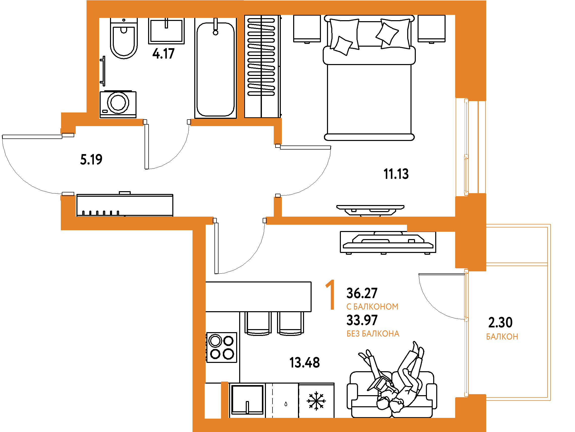 ЖК "Европейский берег 2.0"-1-комнатная 36.27 м²