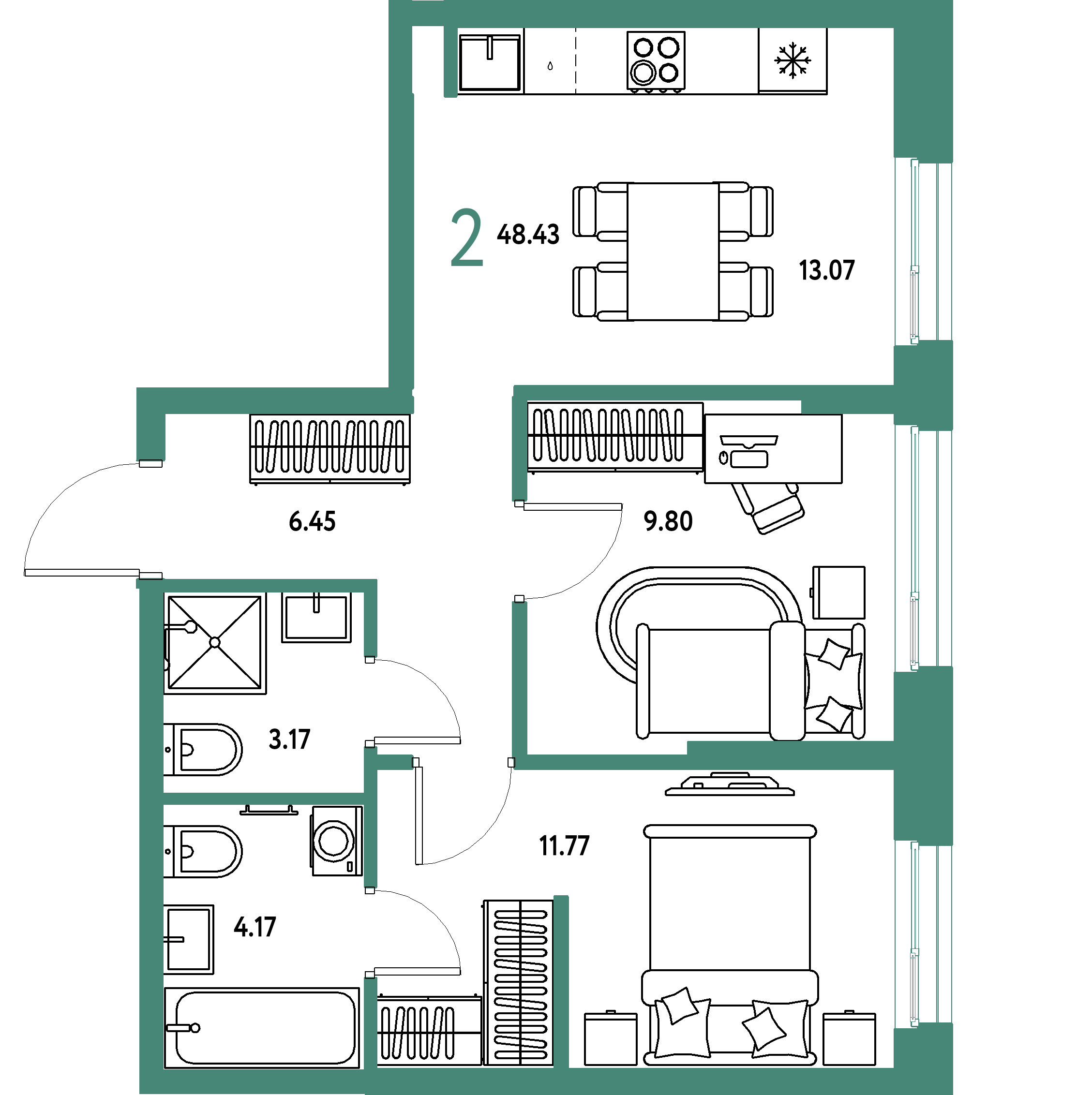 ЖК "Европейский берег 2.0"-2-комнатная 48.43 м²