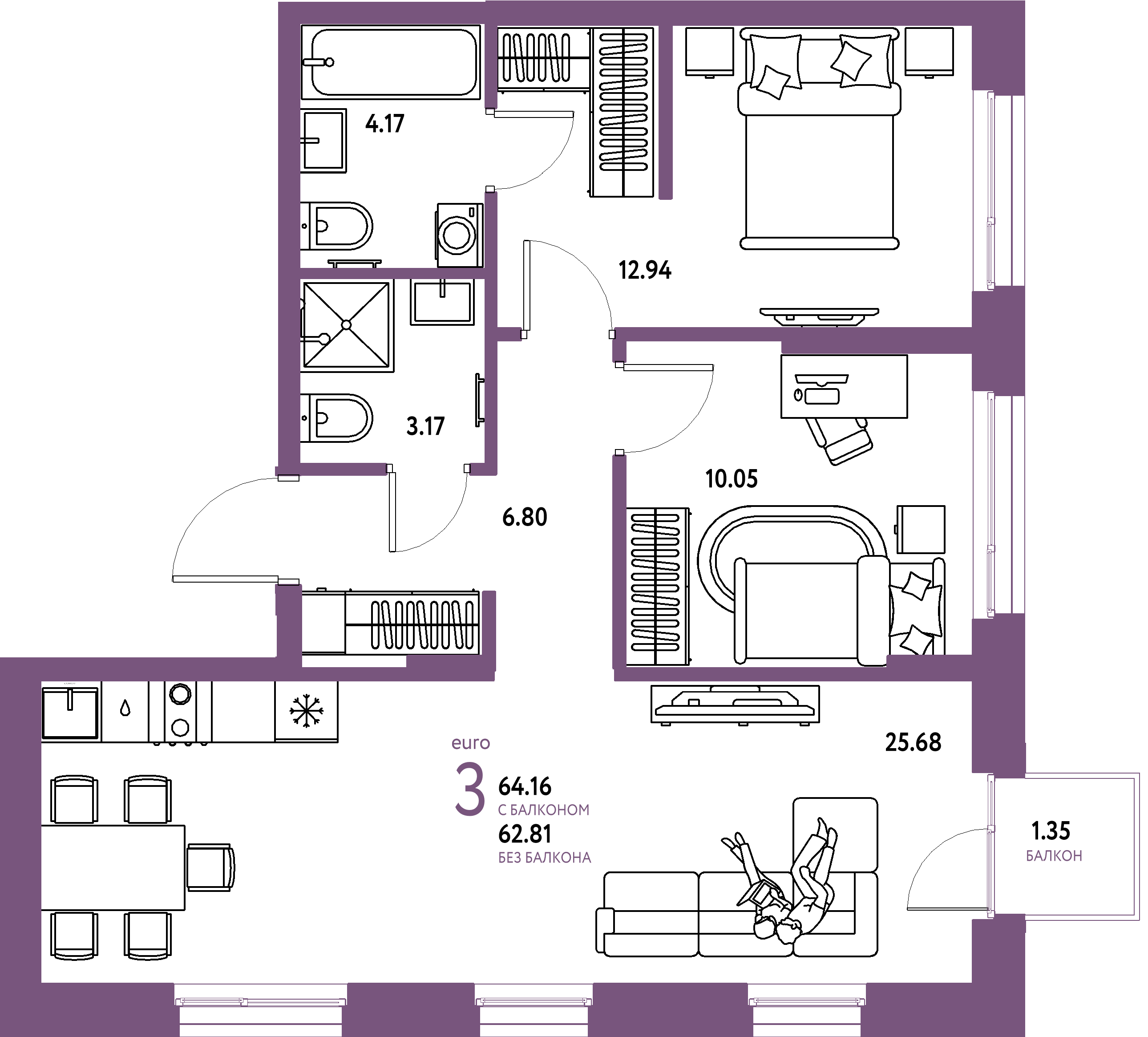 ЖК "Европейский берег 2.0"-3-комнатная 64.16 м²