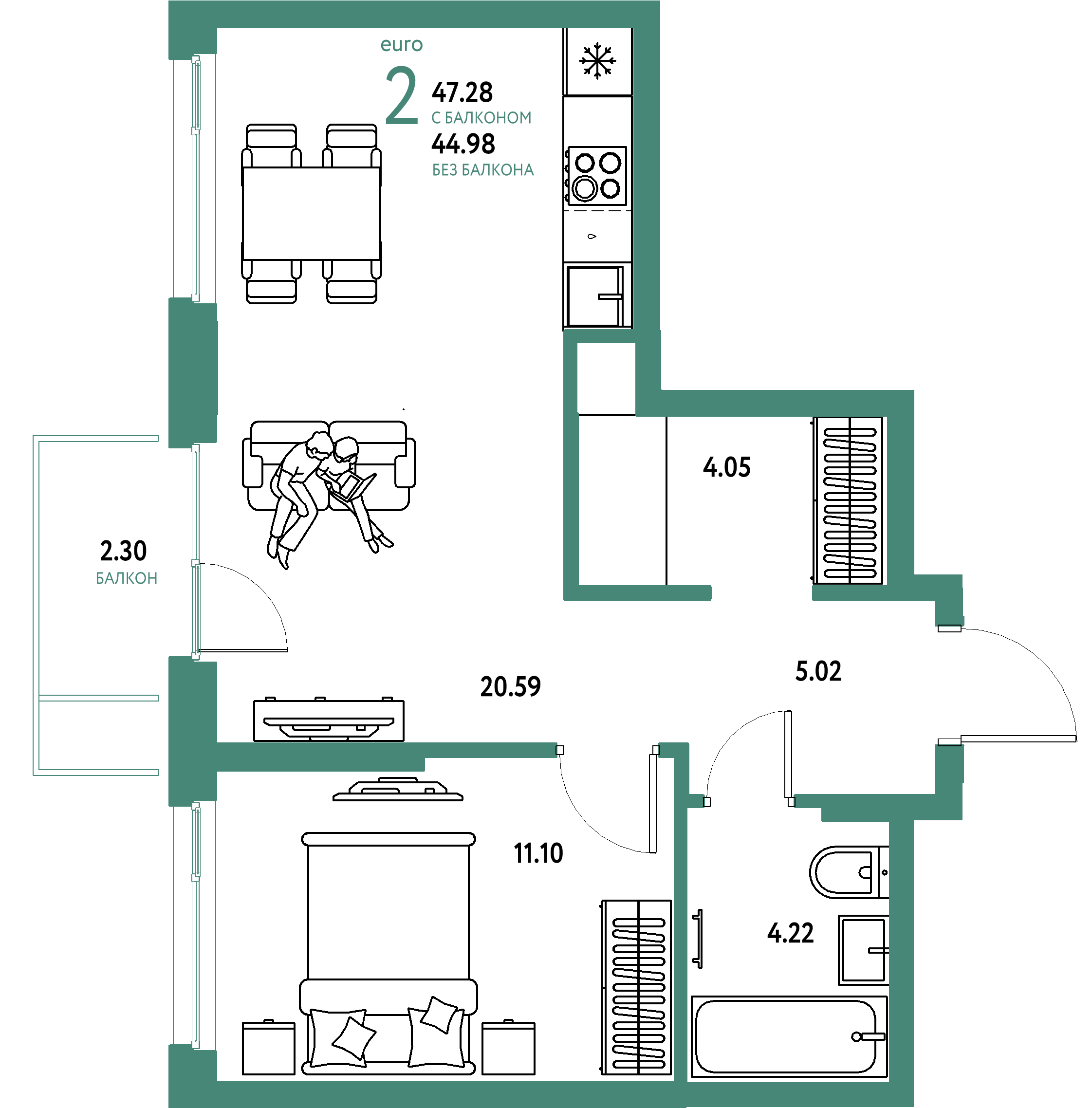 ЖК "Европейский берег 2.0"-2-комнатная 47.28 м²