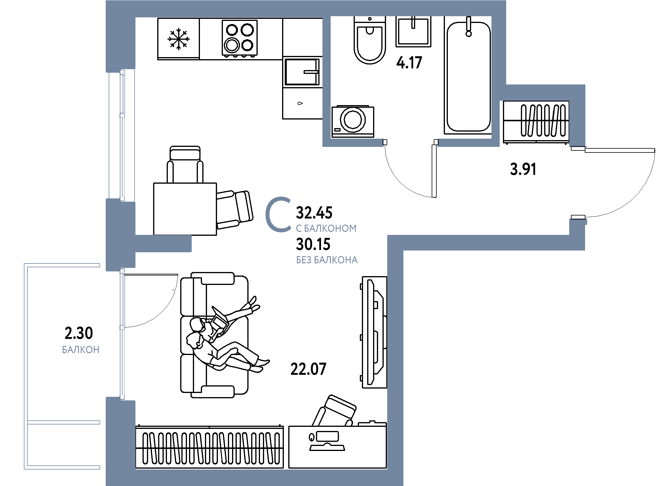 ЖК "Европейский берег 2.0"-Студия 32.45 м²