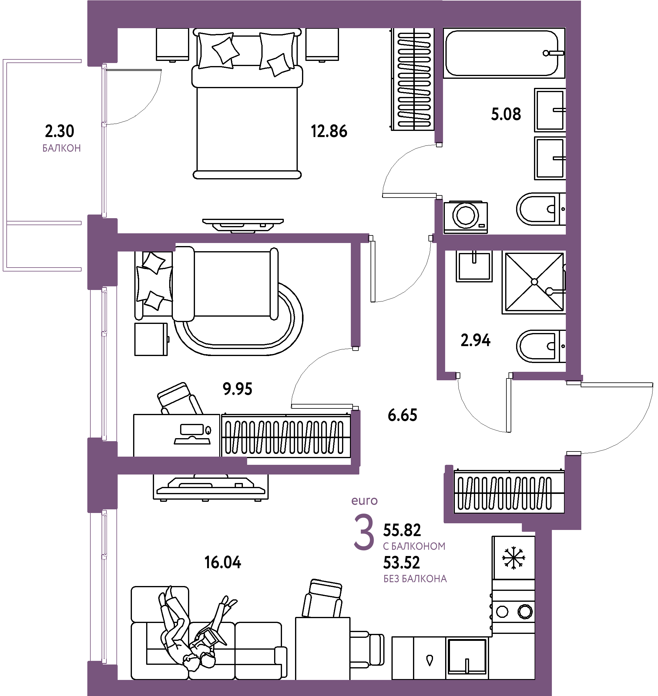 ЖК "Европейский берег 2.0"-3-комнатная 55.82 м²