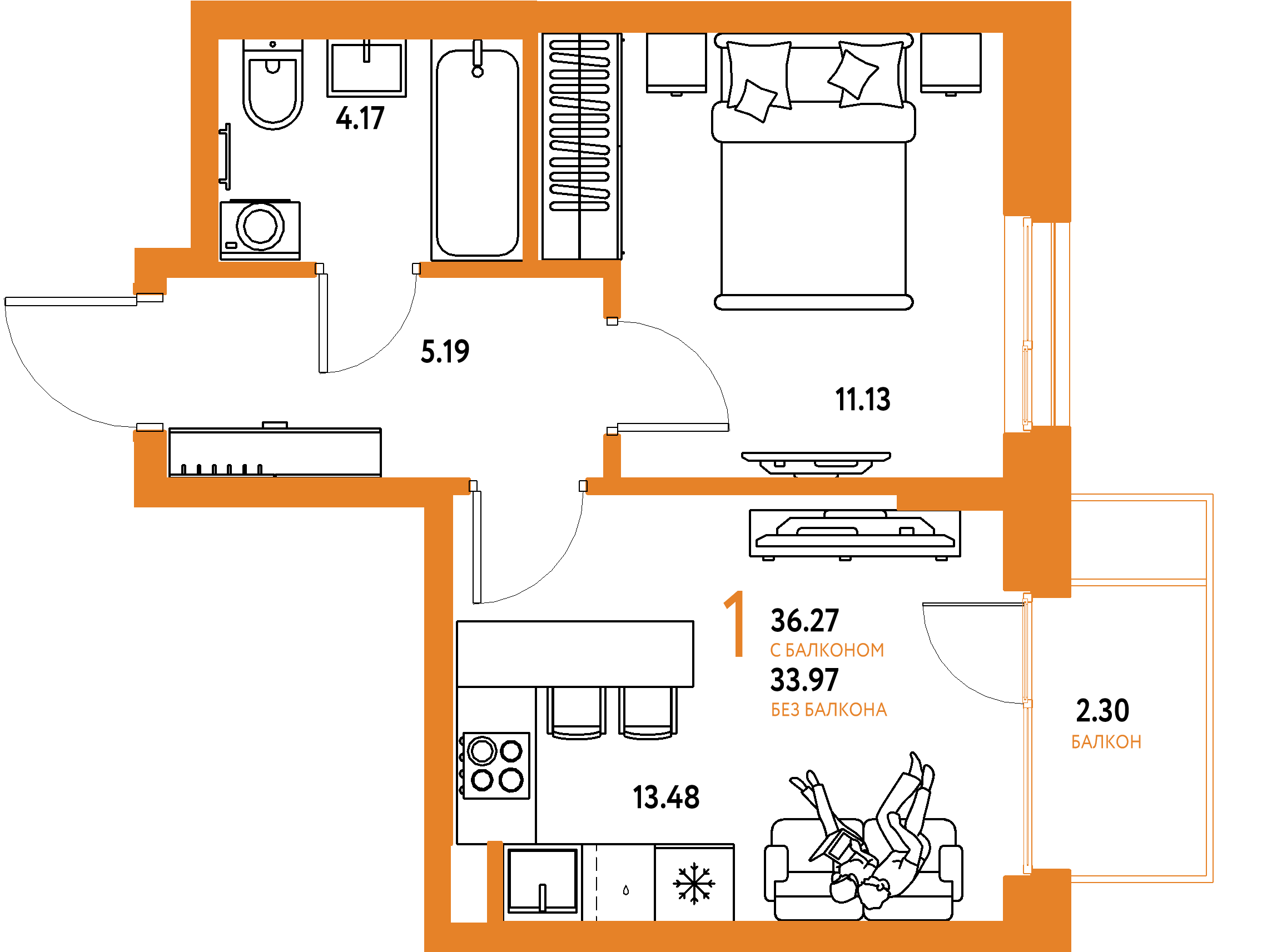 ЖК "Европейский берег 2.0"-1-комнатная 36.27 м²