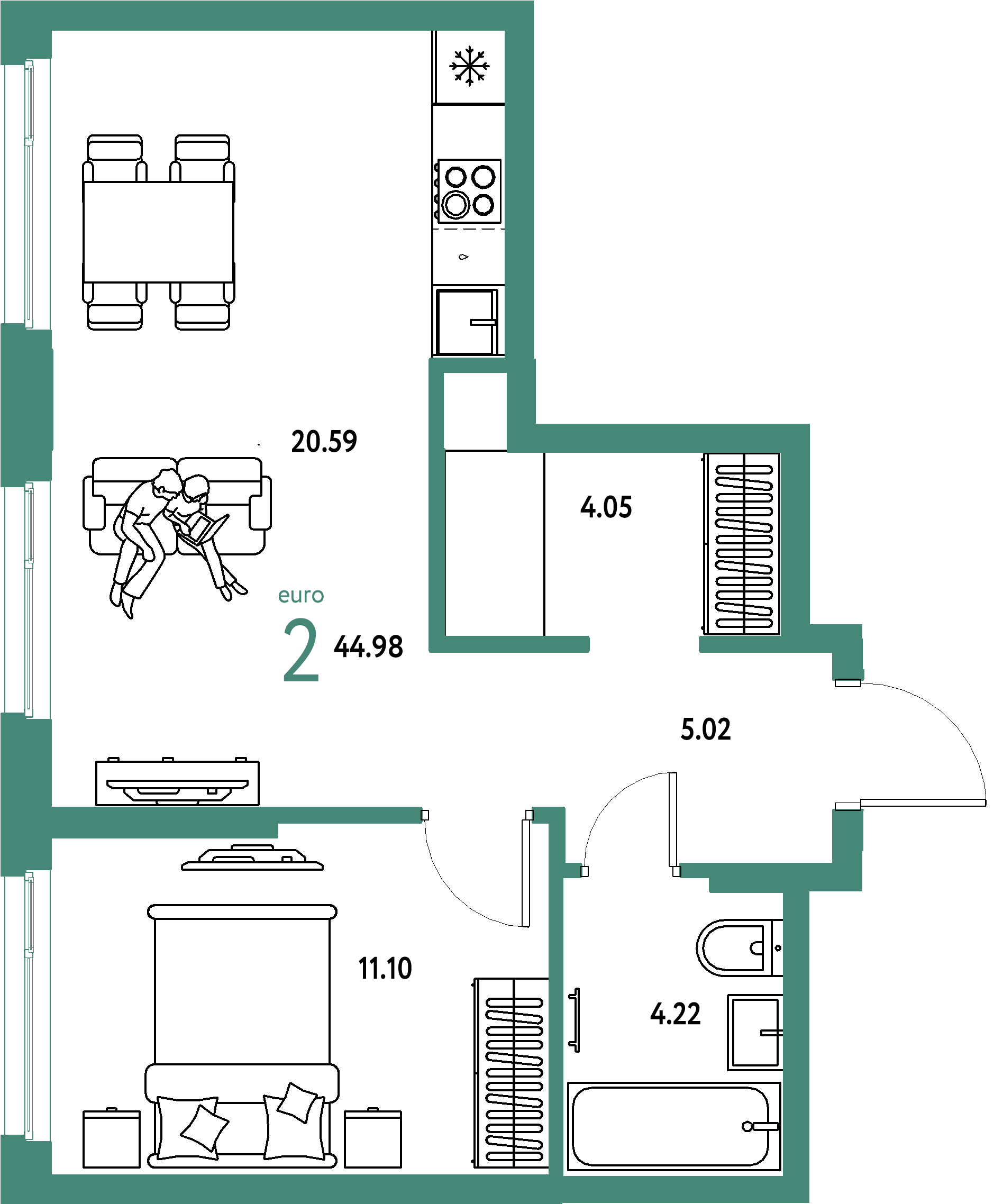 ЖК "Европейский берег 2.0"-2-комнатная 44.98 м²