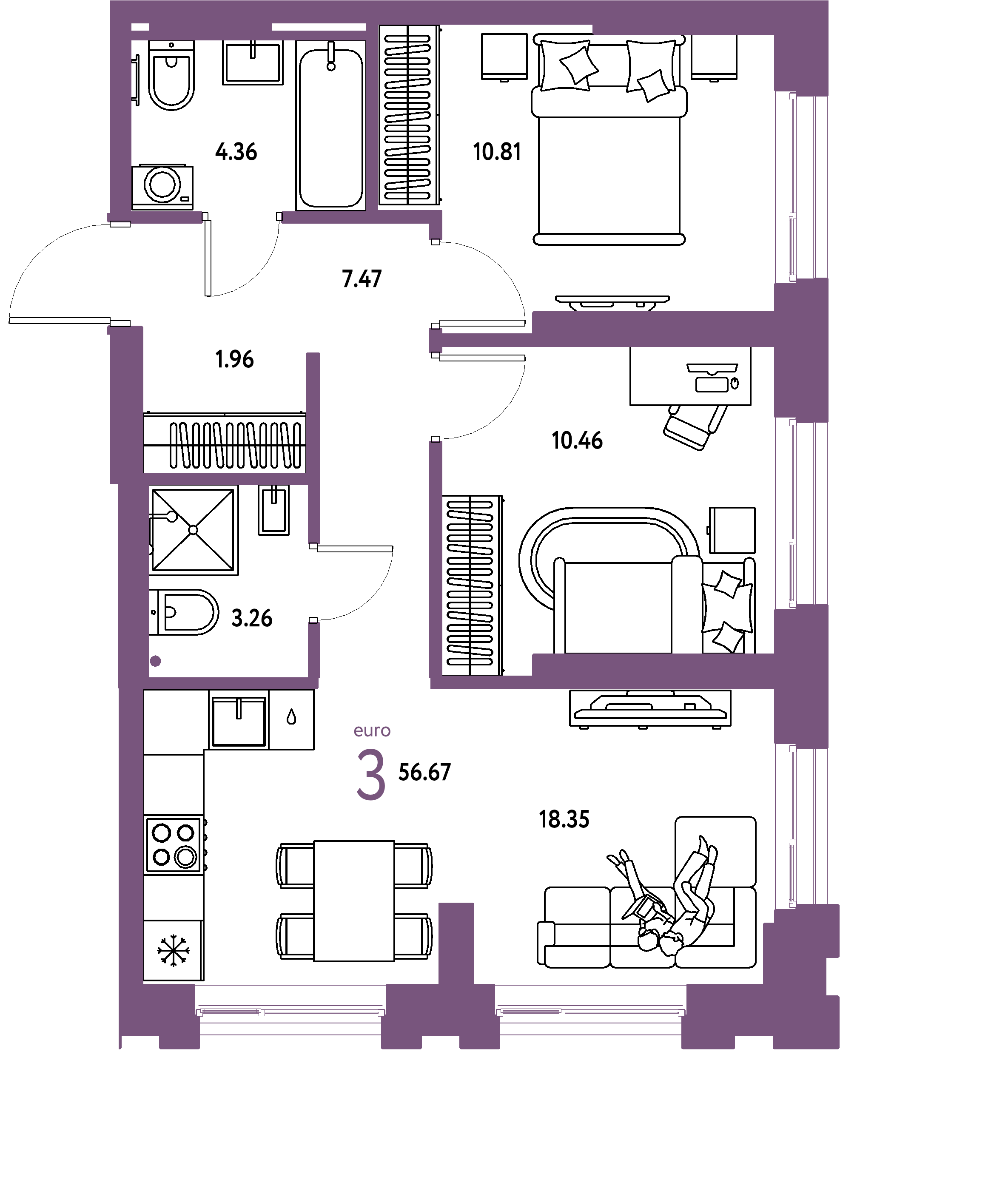 ЖК "Европейский берег 2.0"-3-комнатная 56.67 м²