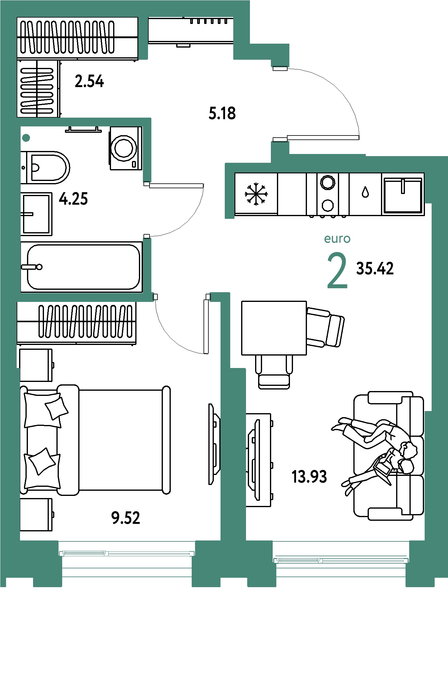 ЖК "Европейский берег 2.0"-2-комнатная 35.42 м²