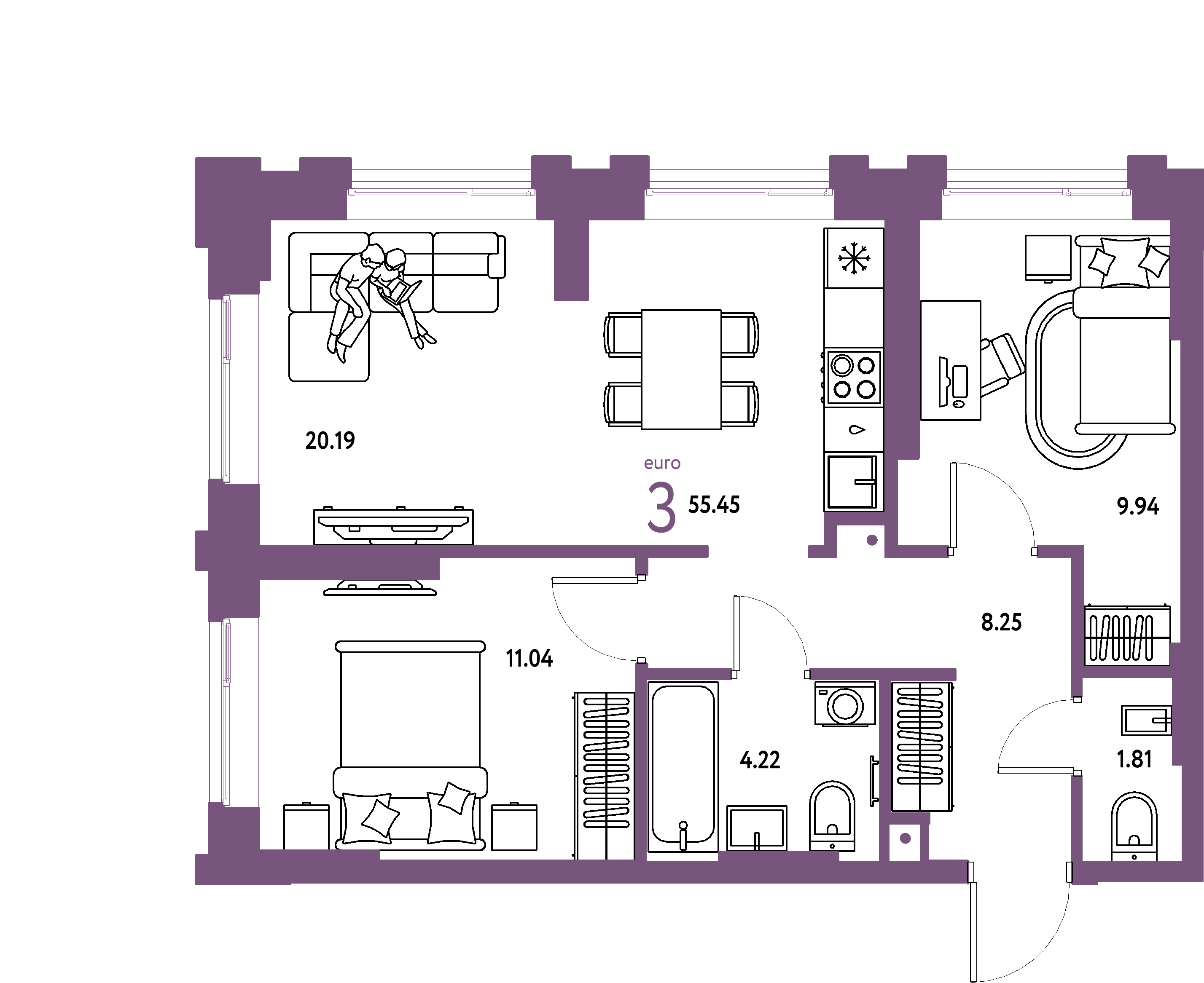 ЖК "Европейский берег 2.0"-3-комнатная 55.45 м²