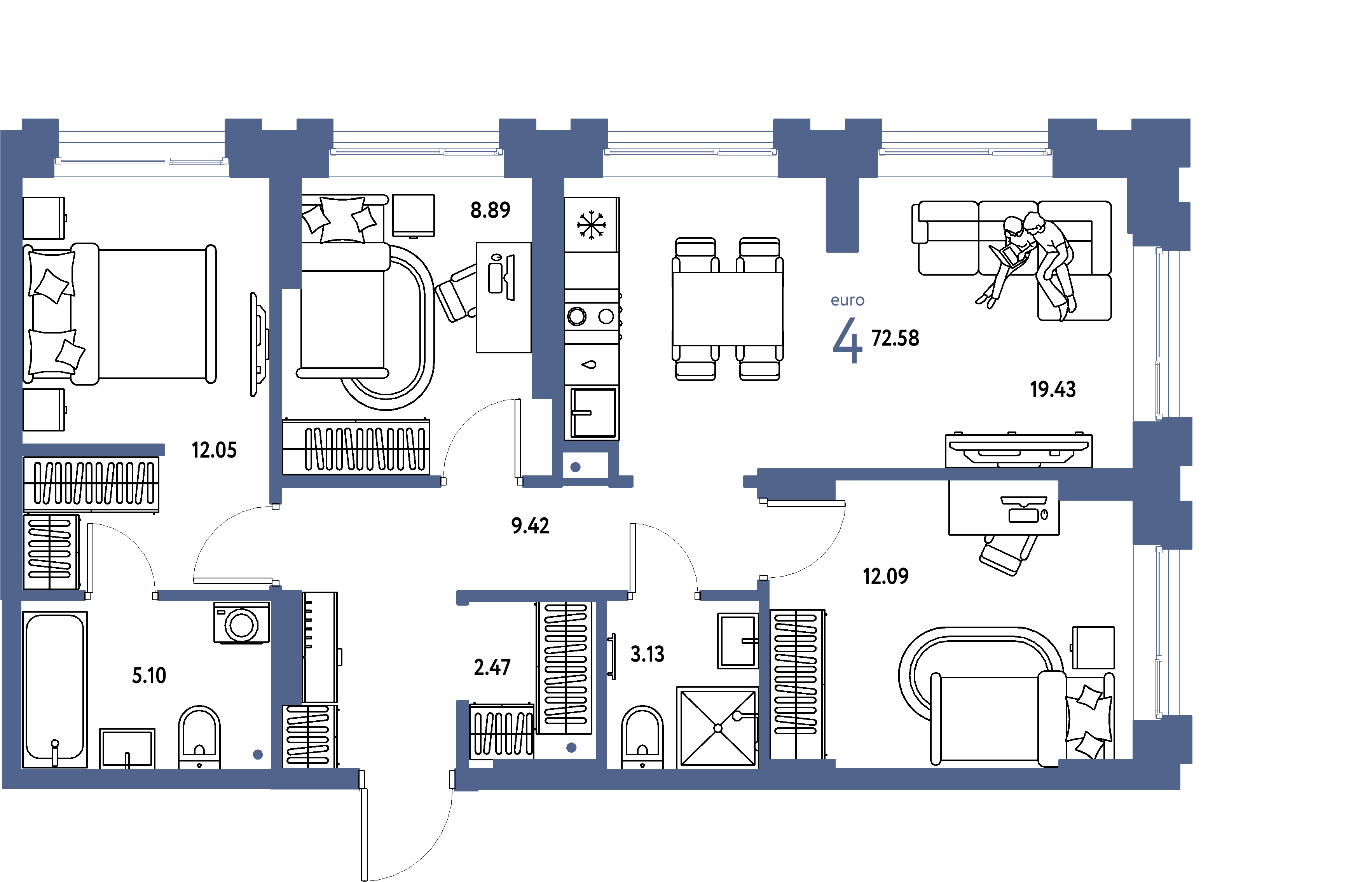 ЖК "Европейский берег 2.0"-4-комнатная 72.58 м²