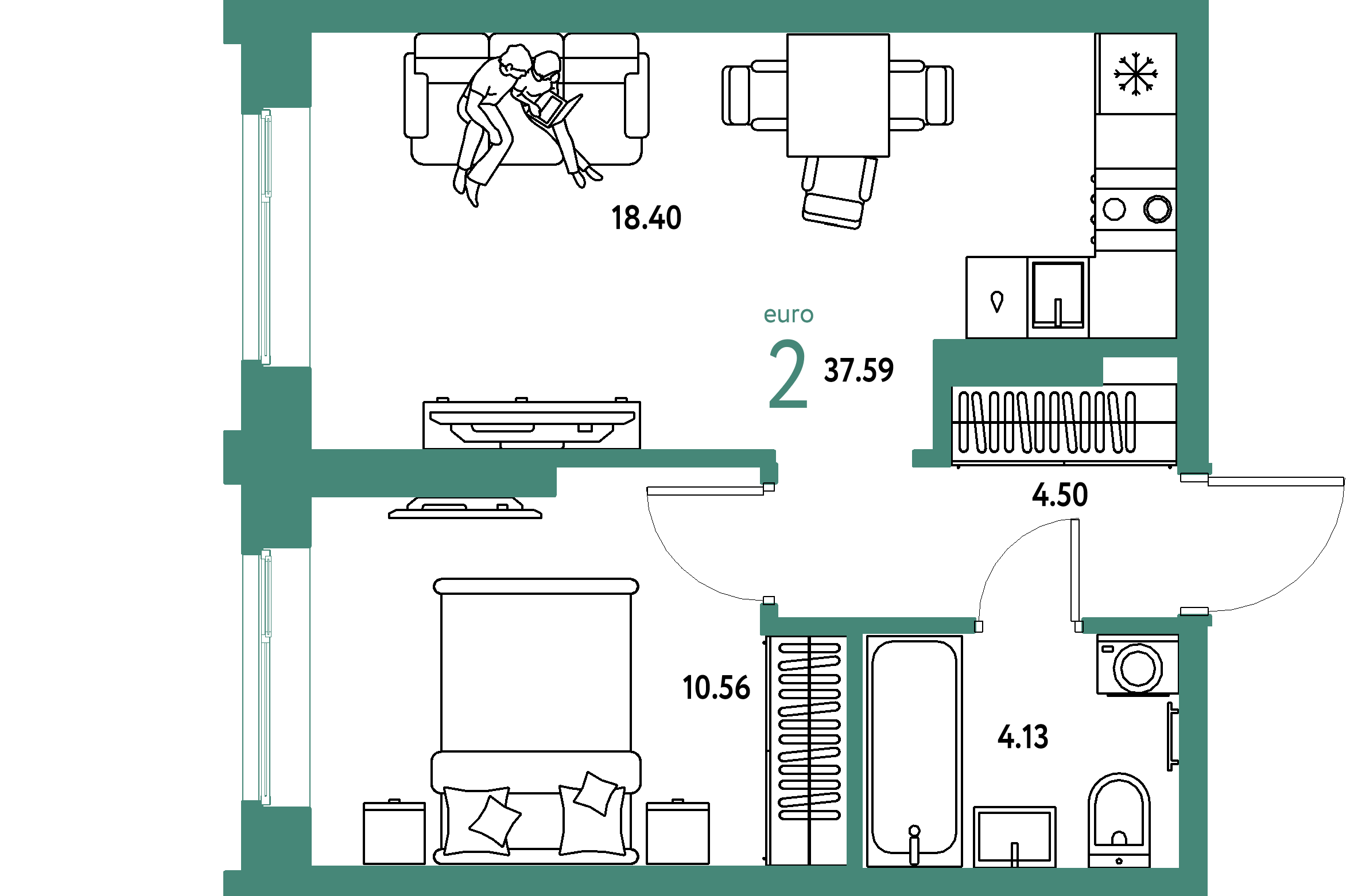ЖК "Европейский берег 2.0"-2-комнатная 37.59 м²