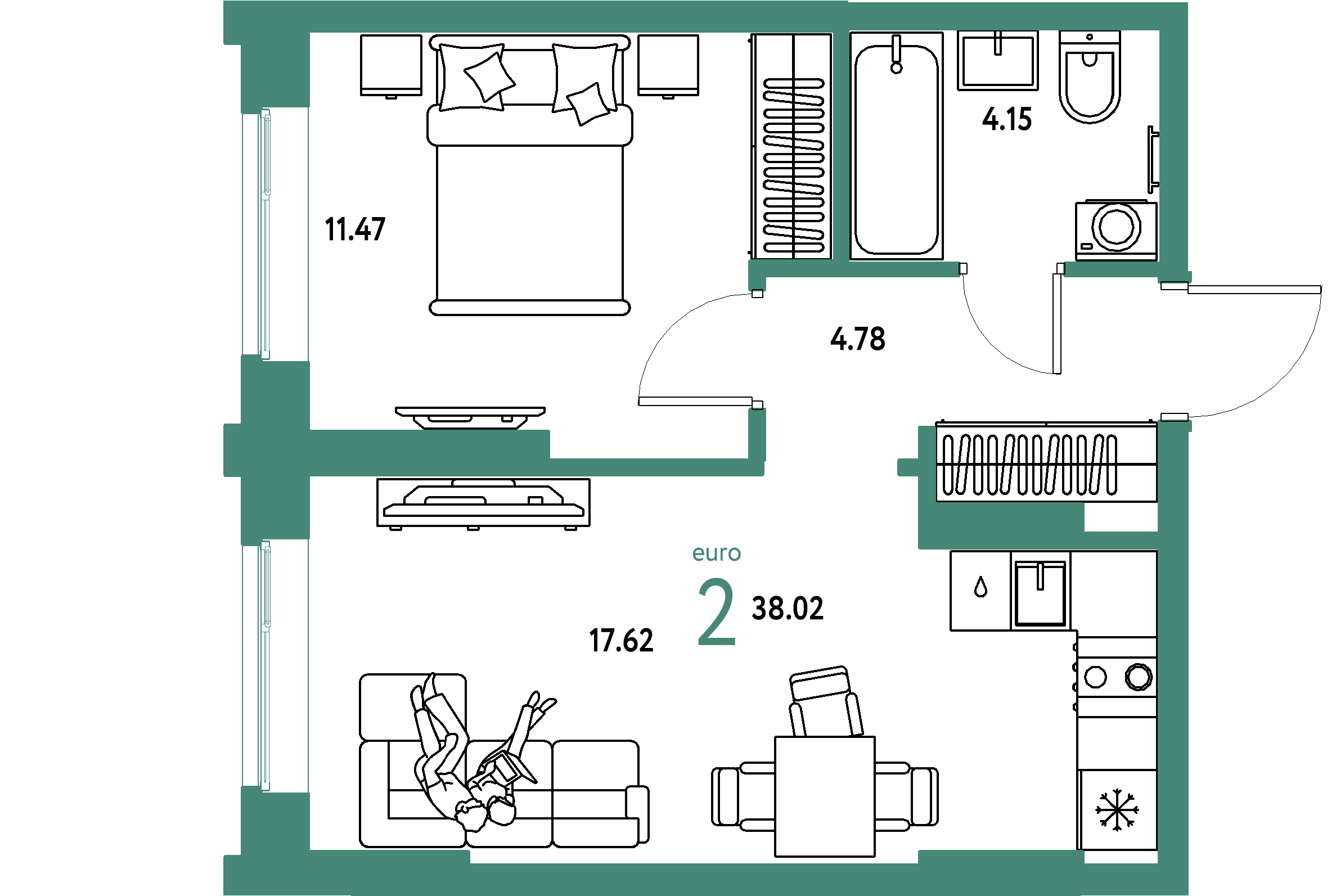 ЖК "Европейский берег 2.0"-2-комнатная 38.02 м²