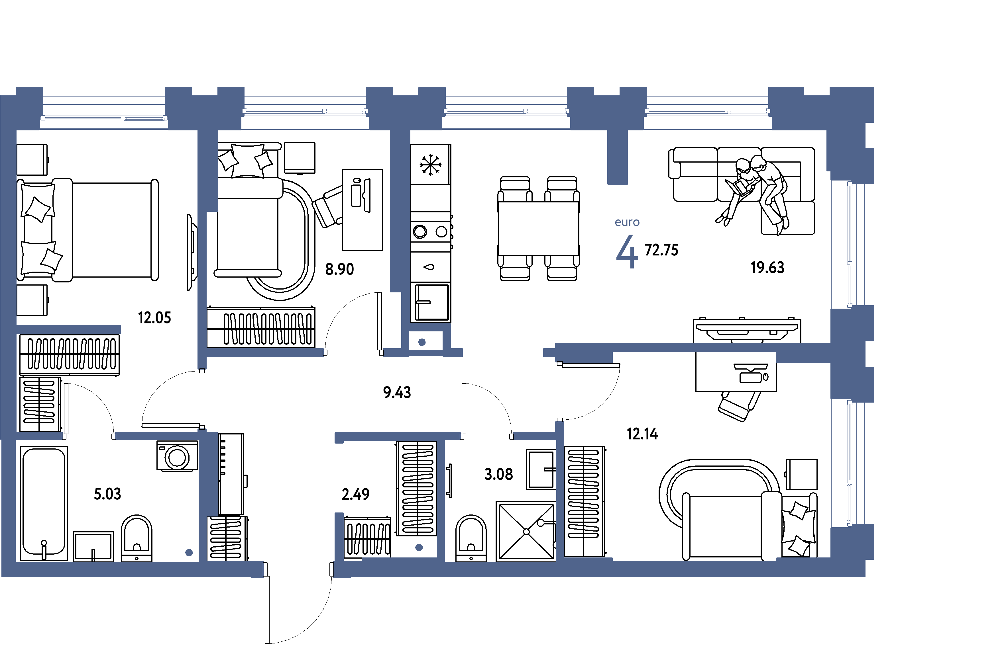 ЖК "Европейский берег 2.0"-4-комнатная 72.75 м²