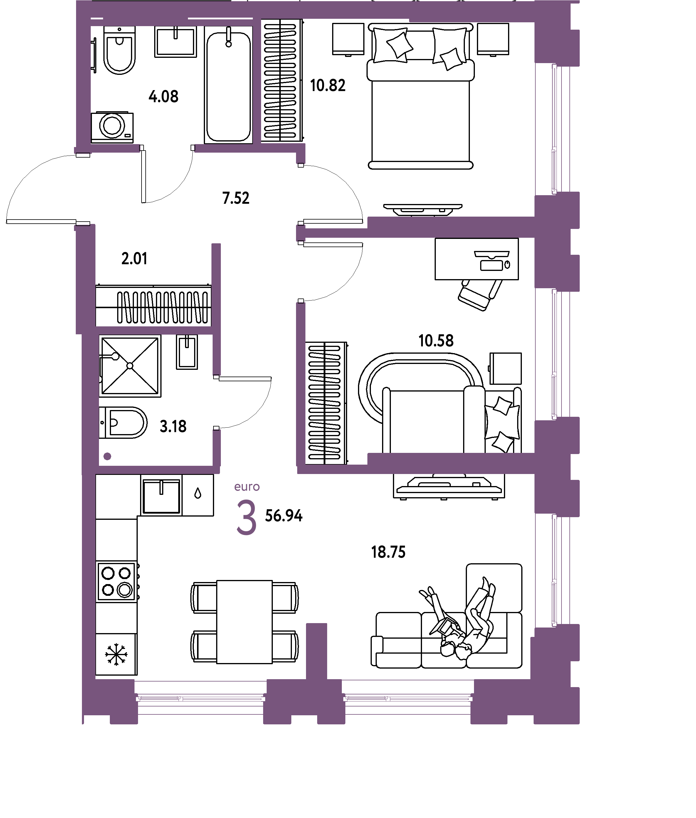 ЖК "Европейский берег 2.0"-3-комнатная 56.94 м²