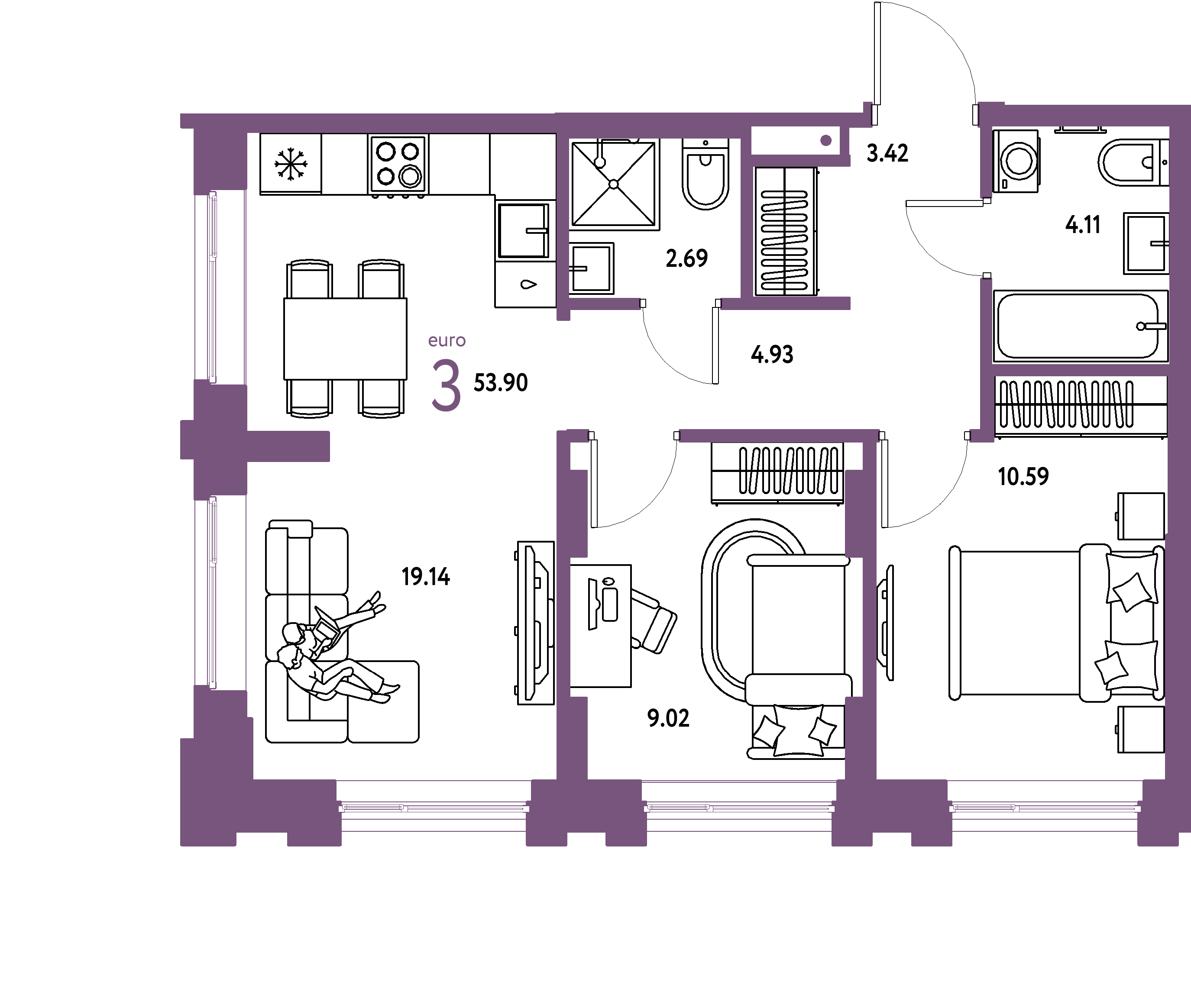 ЖК "Европейский берег 2.0"-3-комнатная 53.9 м²