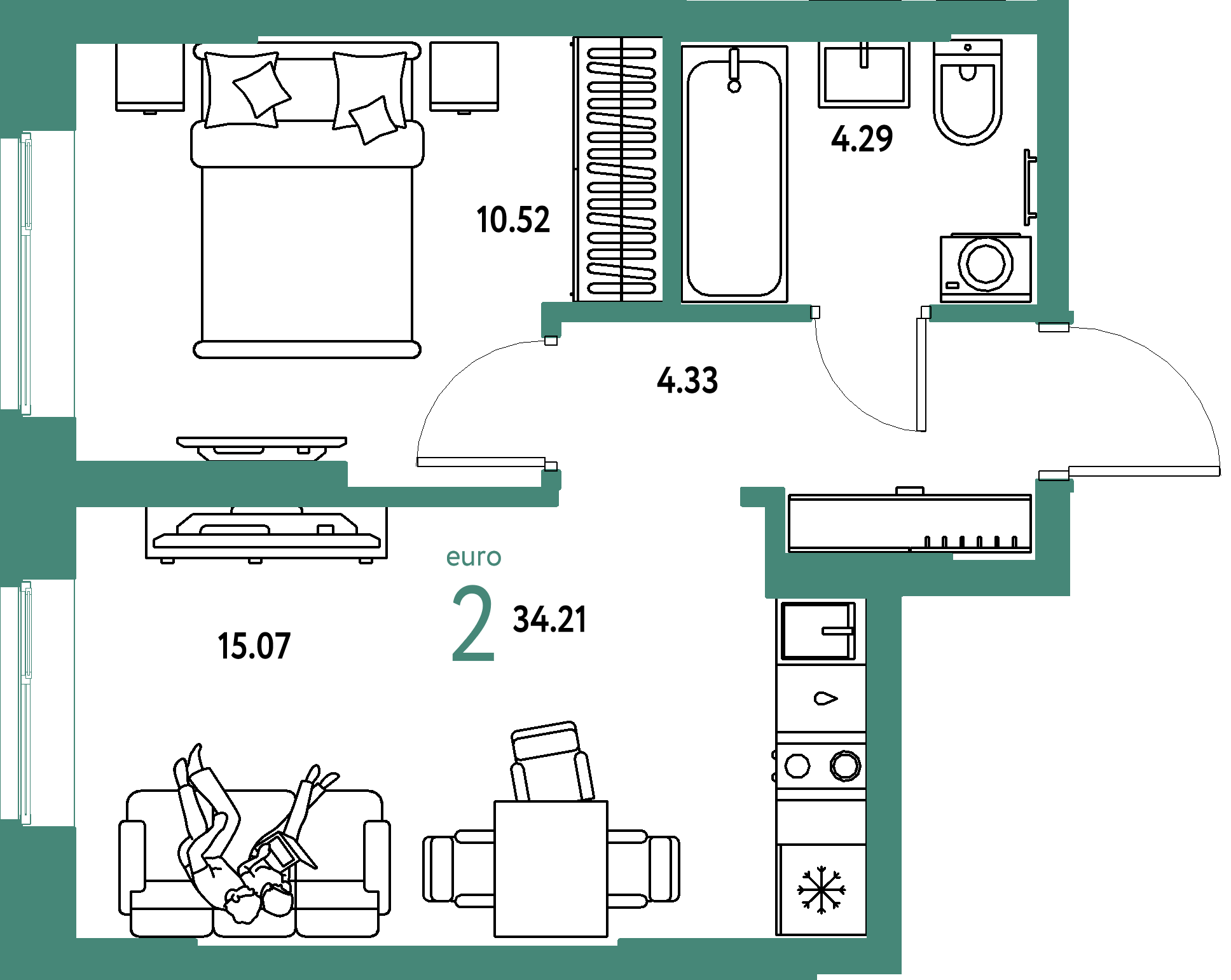 ЖК "Европейский берег 2.0"-2-комнатная 34.21 м²