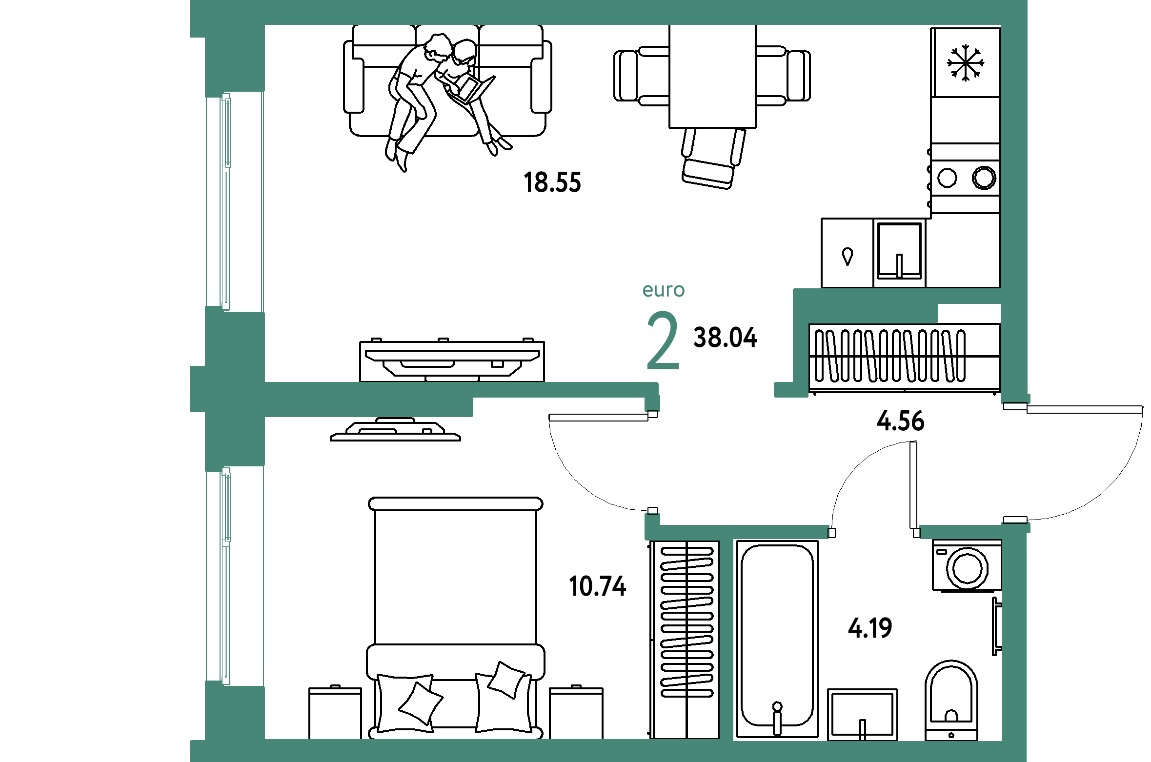 ЖК "Европейский берег 2.0"-2-комнатная 38.04 м²