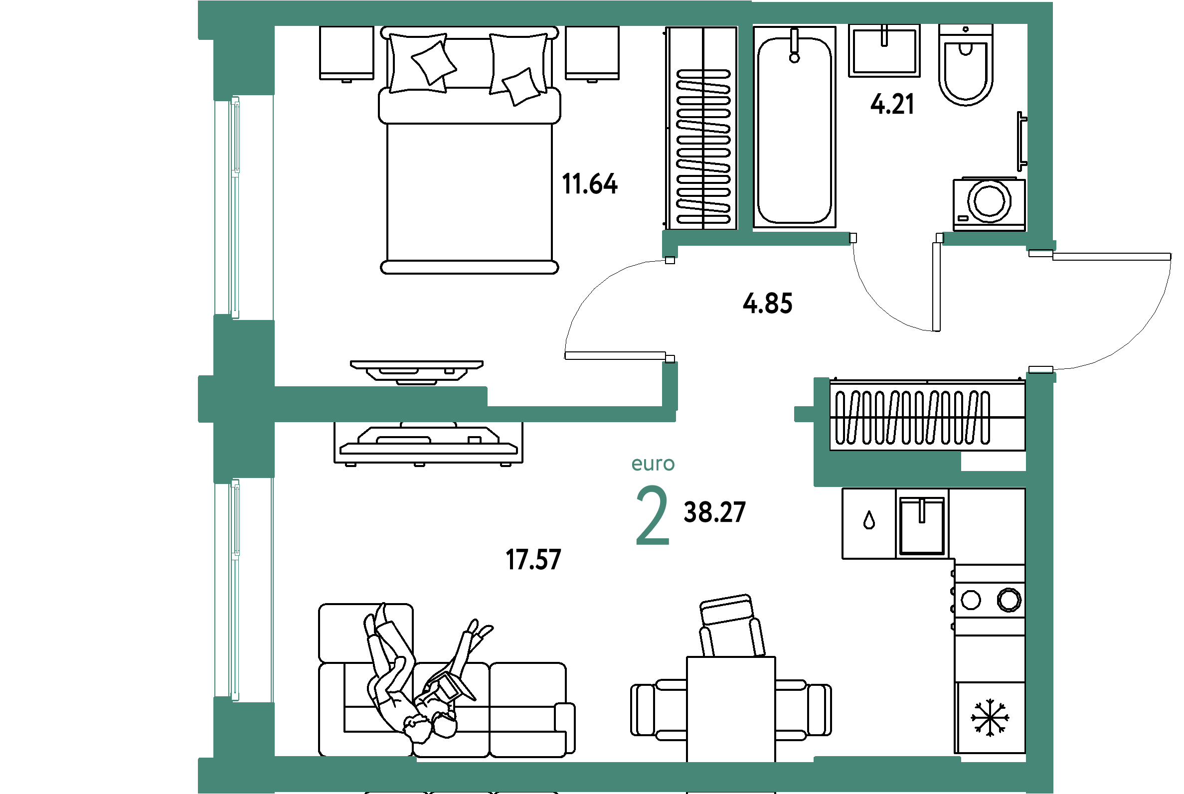 ЖК "Европейский берег 2.0"-2-комнатная 38.27 м²