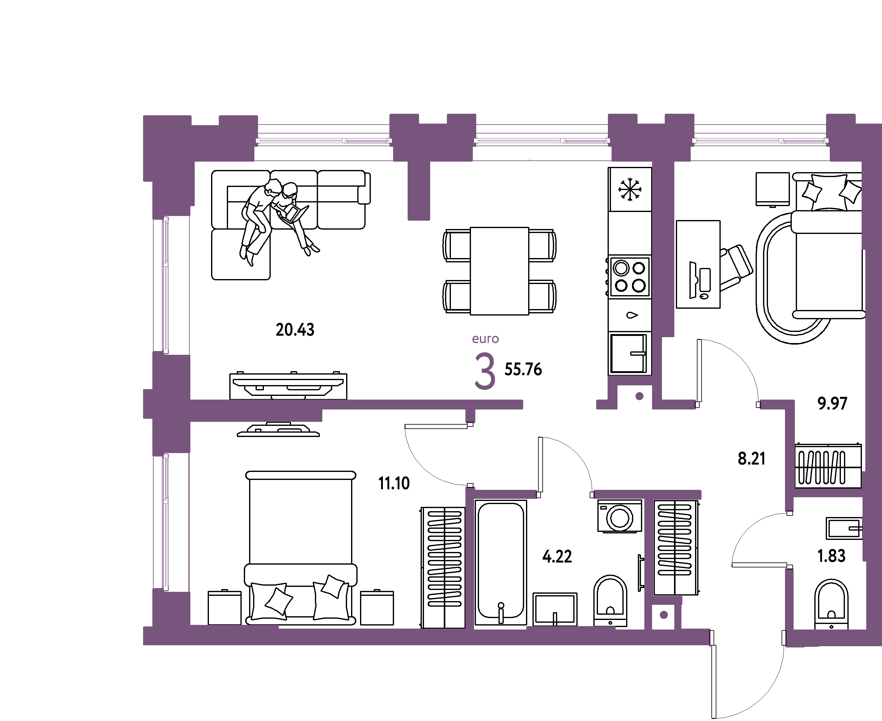 ЖК "Европейский берег 2.0"-3-комнатная 55.76 м²