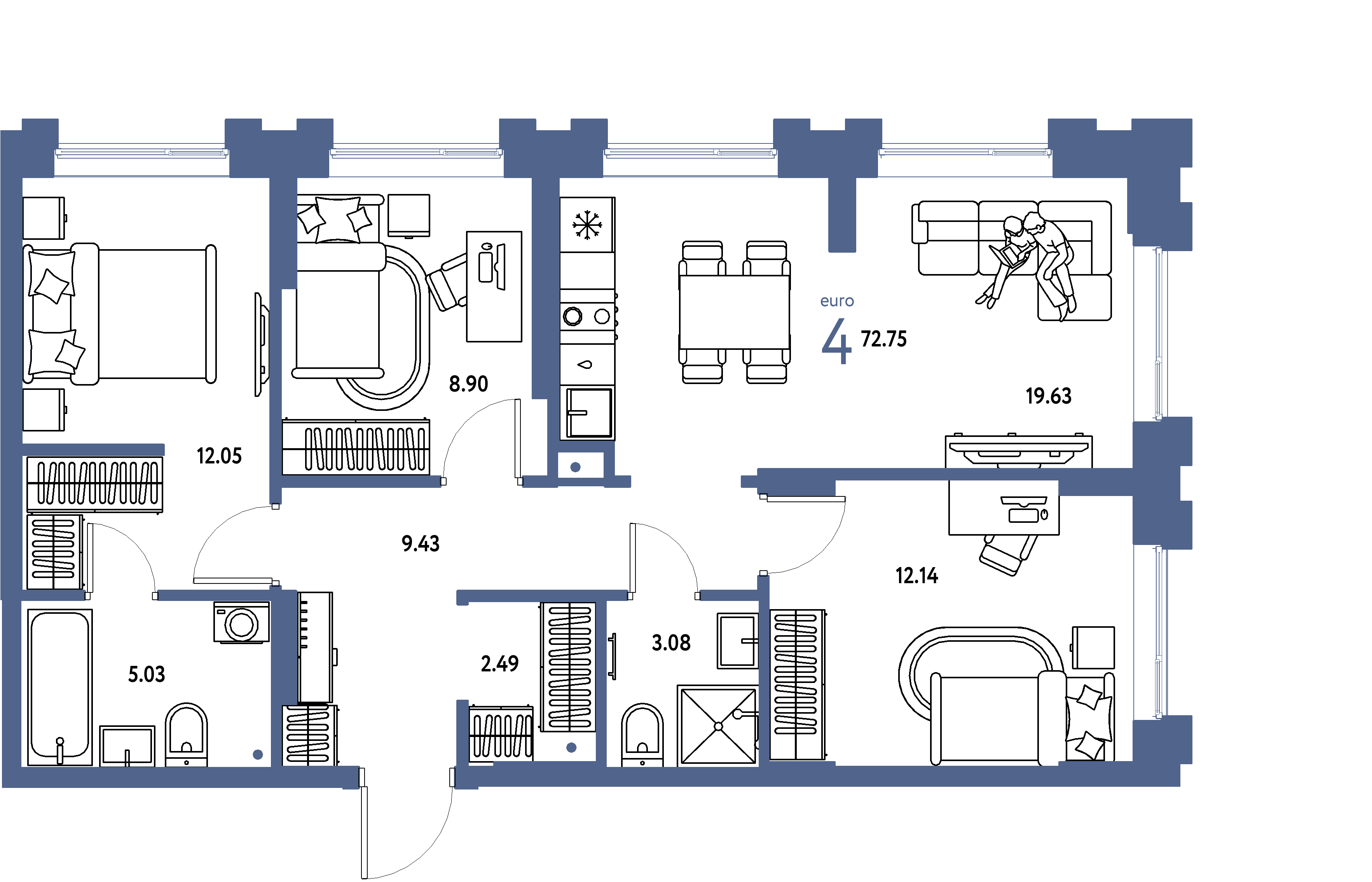 ЖК "Европейский берег 2.0"-4-комнатная 72.75 м²