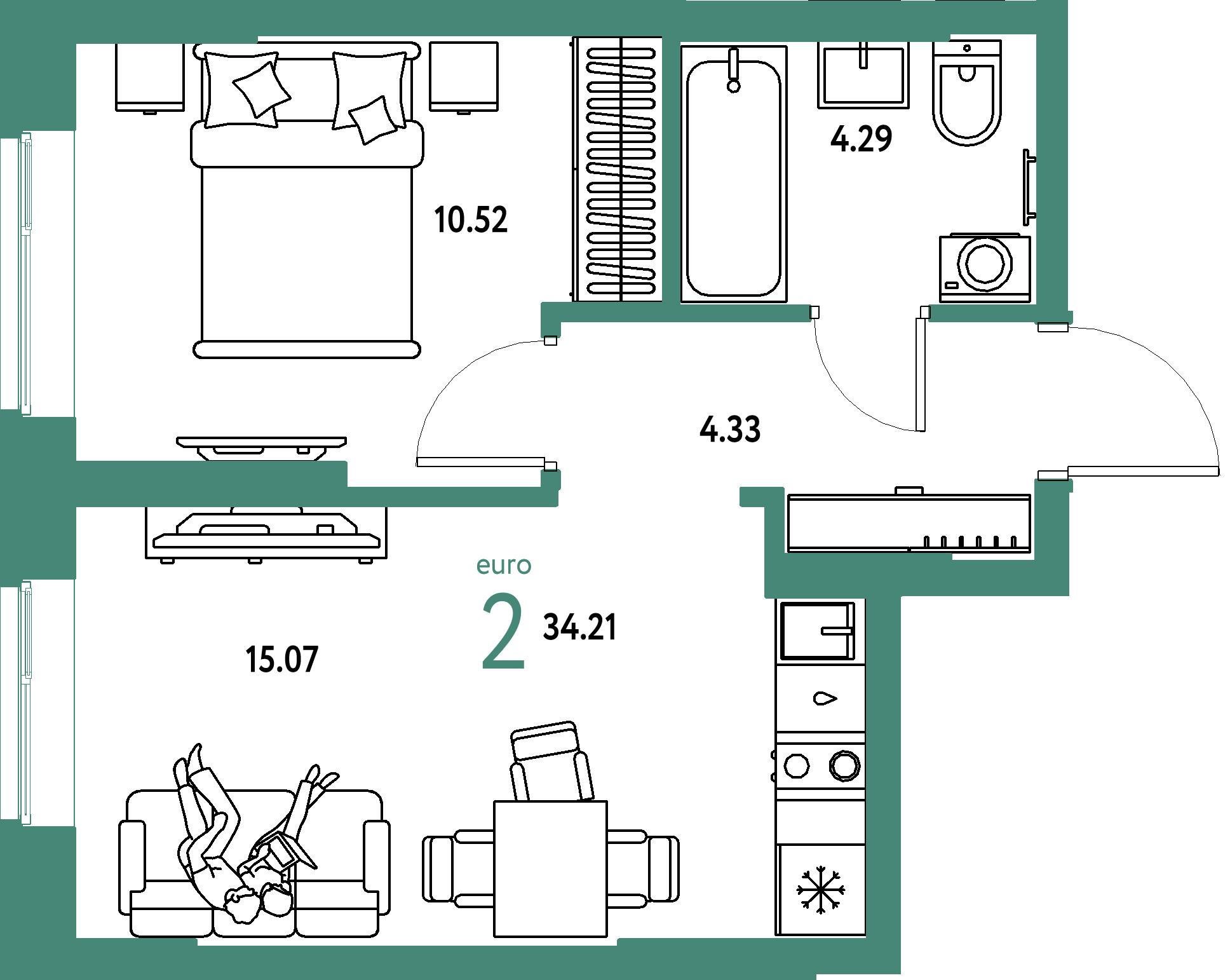 ЖК "Европейский берег 2.0"-2-комнатная 34.21 м²
