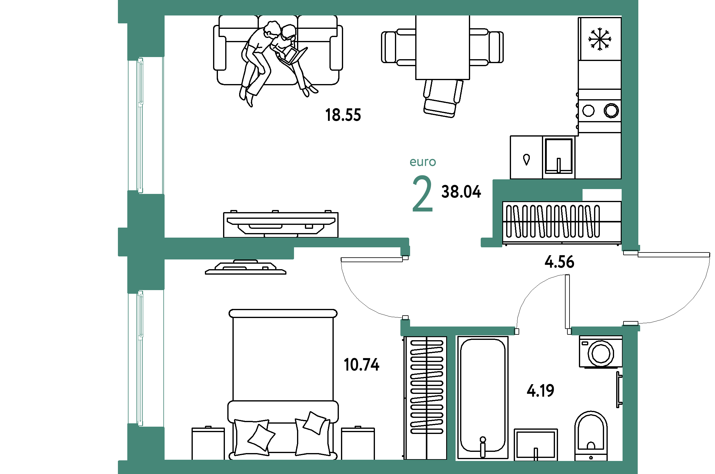 ЖК "Европейский берег 2.0"-2-комнатная 38.04 м²
