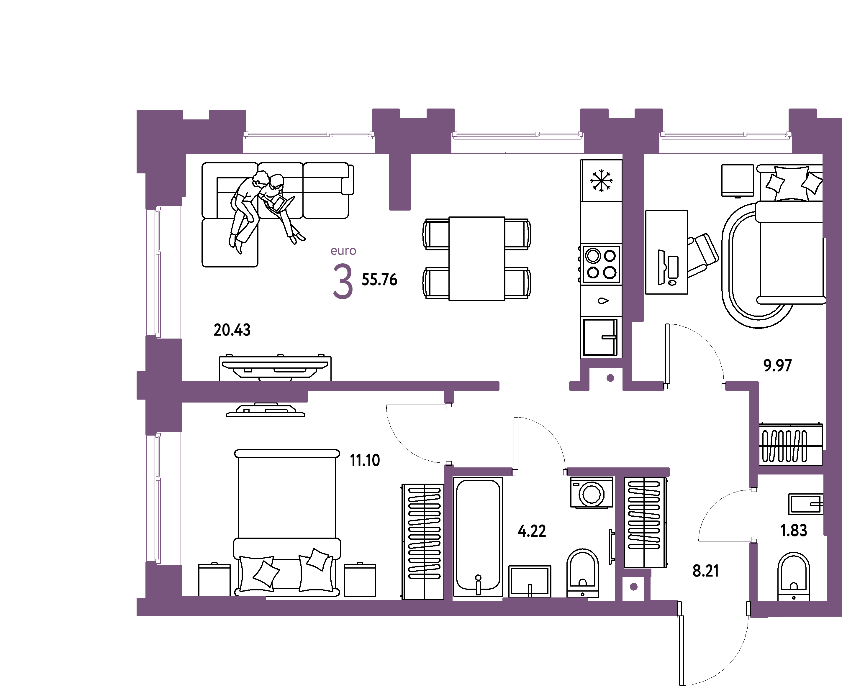 ЖК "Европейский берег 2.0"-3-комнатная 55.76 м²