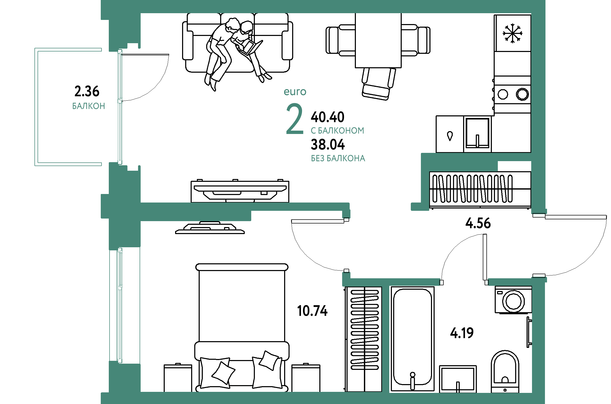 ЖК "Европейский берег 2.0"-2-комнатная 40.4 м²