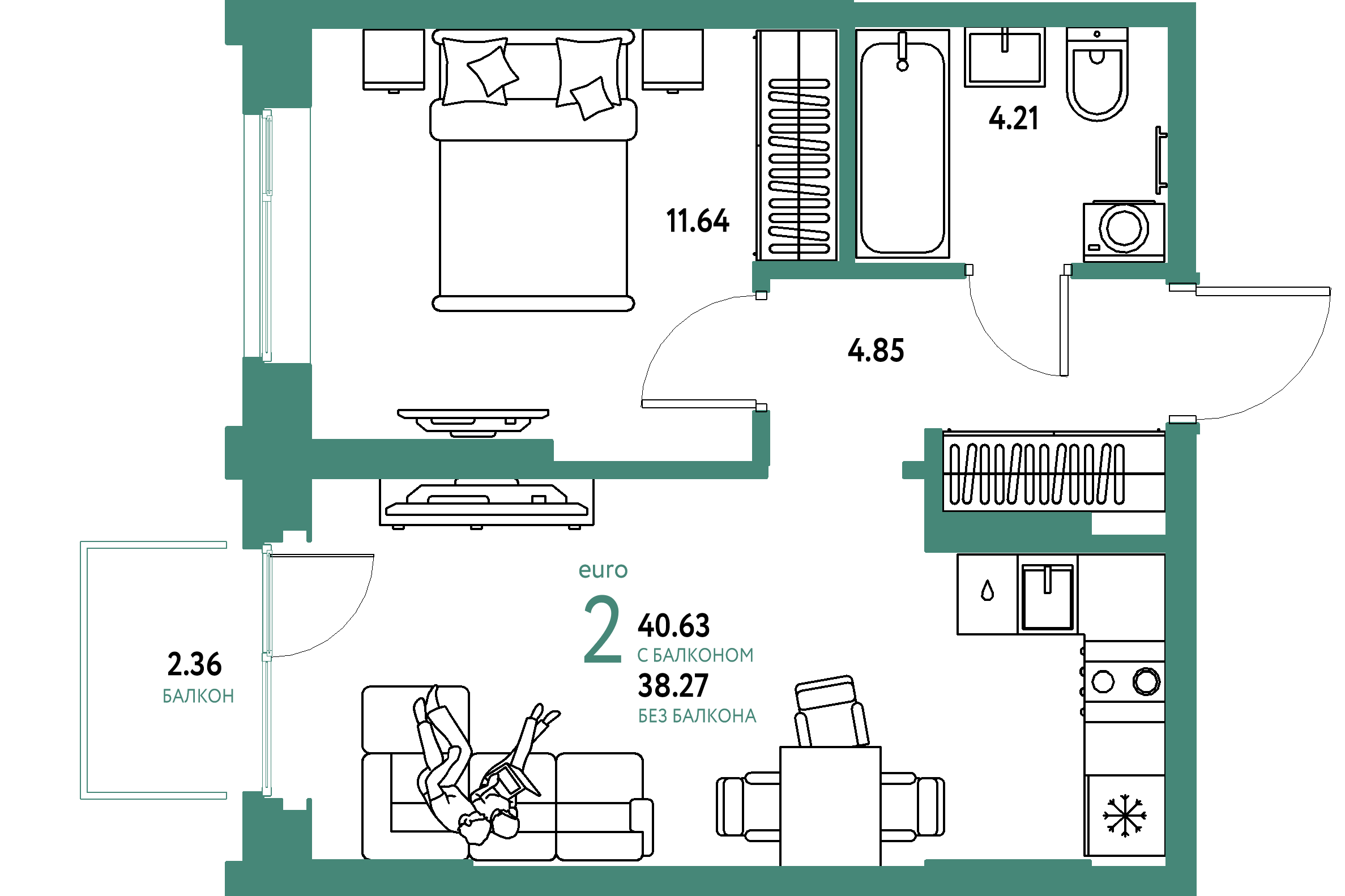 ЖК "Европейский берег 2.0"-2-комнатная 40.63 м²