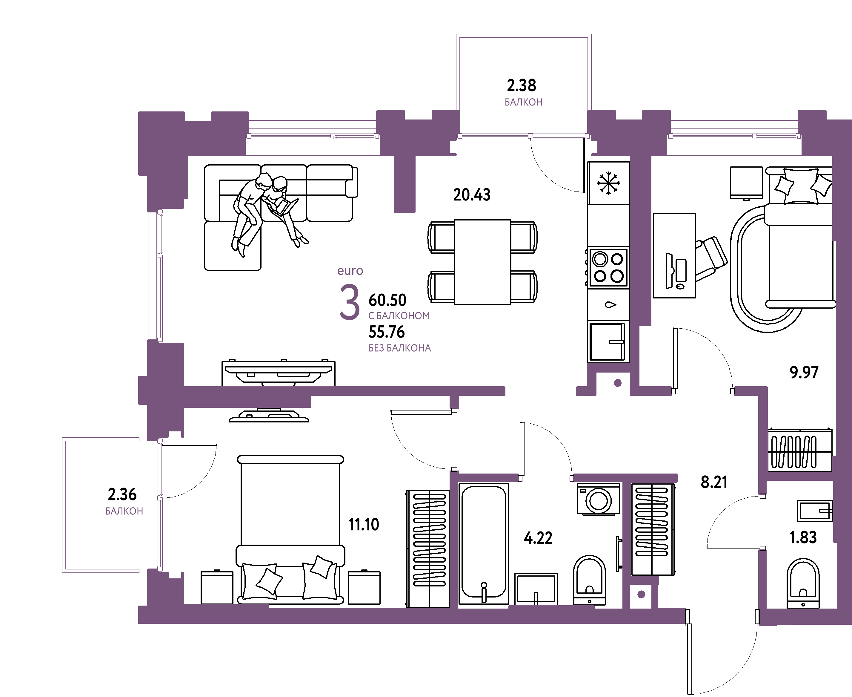 ЖК "Европейский берег 2.0"-3-комнатная 60.5 м²