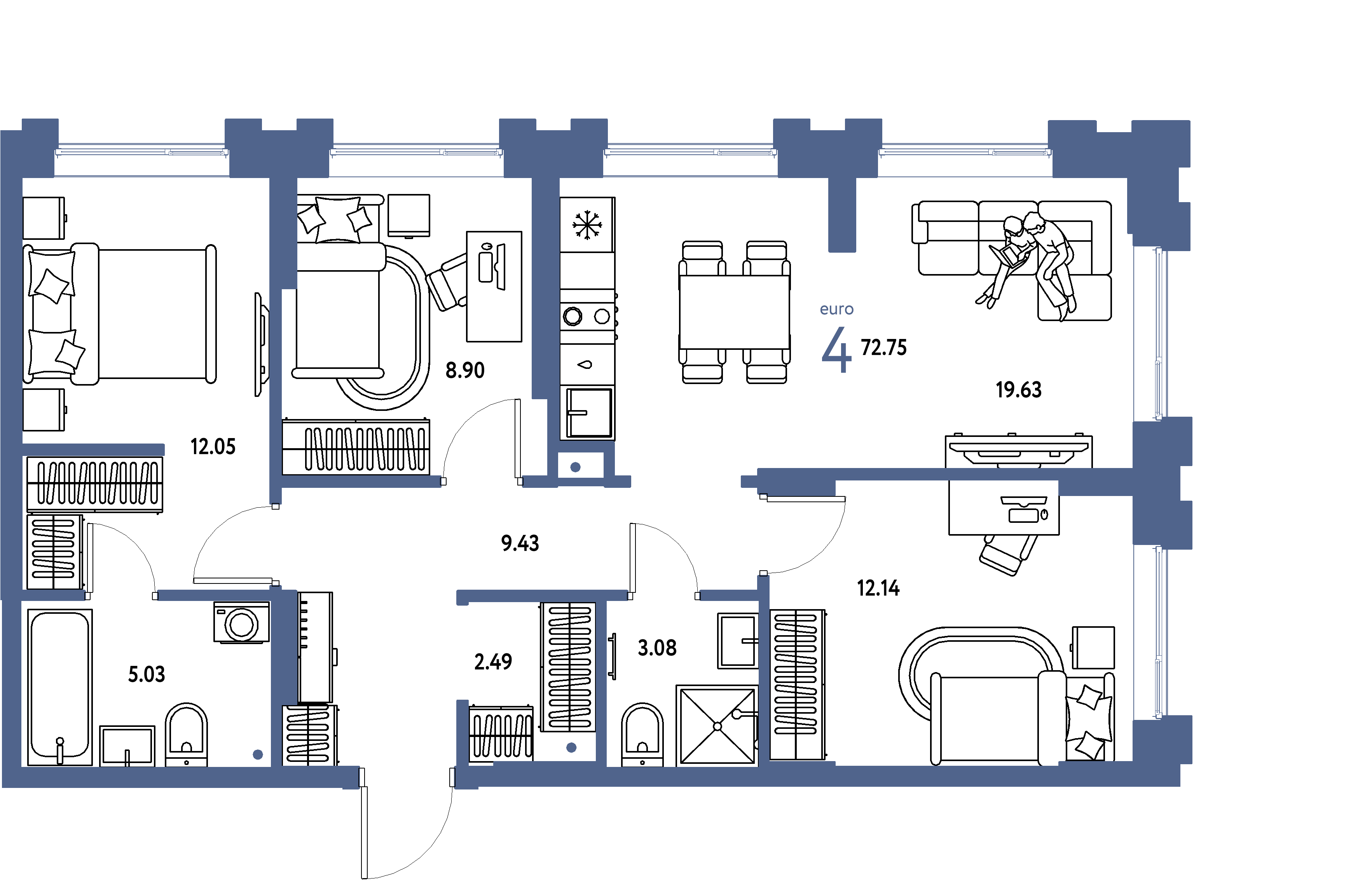 ЖК "Европейский берег 2.0"-4-комнатная 72.75 м²