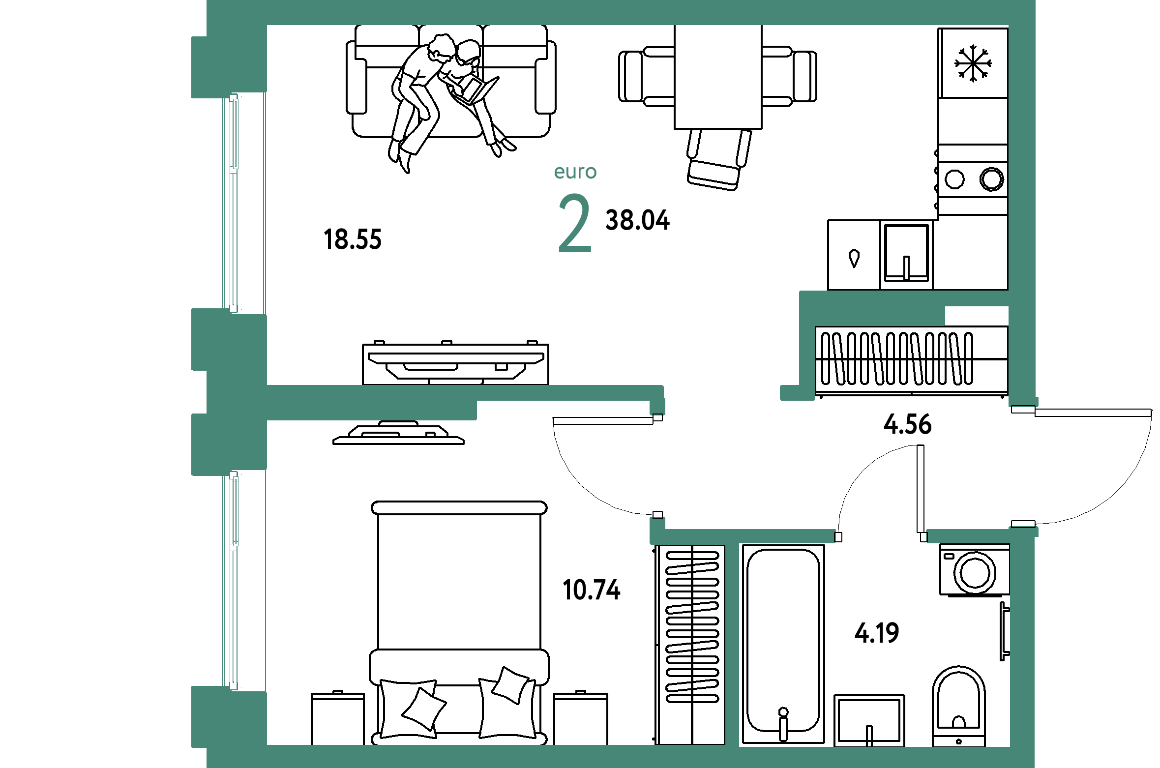 ЖК "Европейский берег 2.0"-2-комнатная 38.04 м²