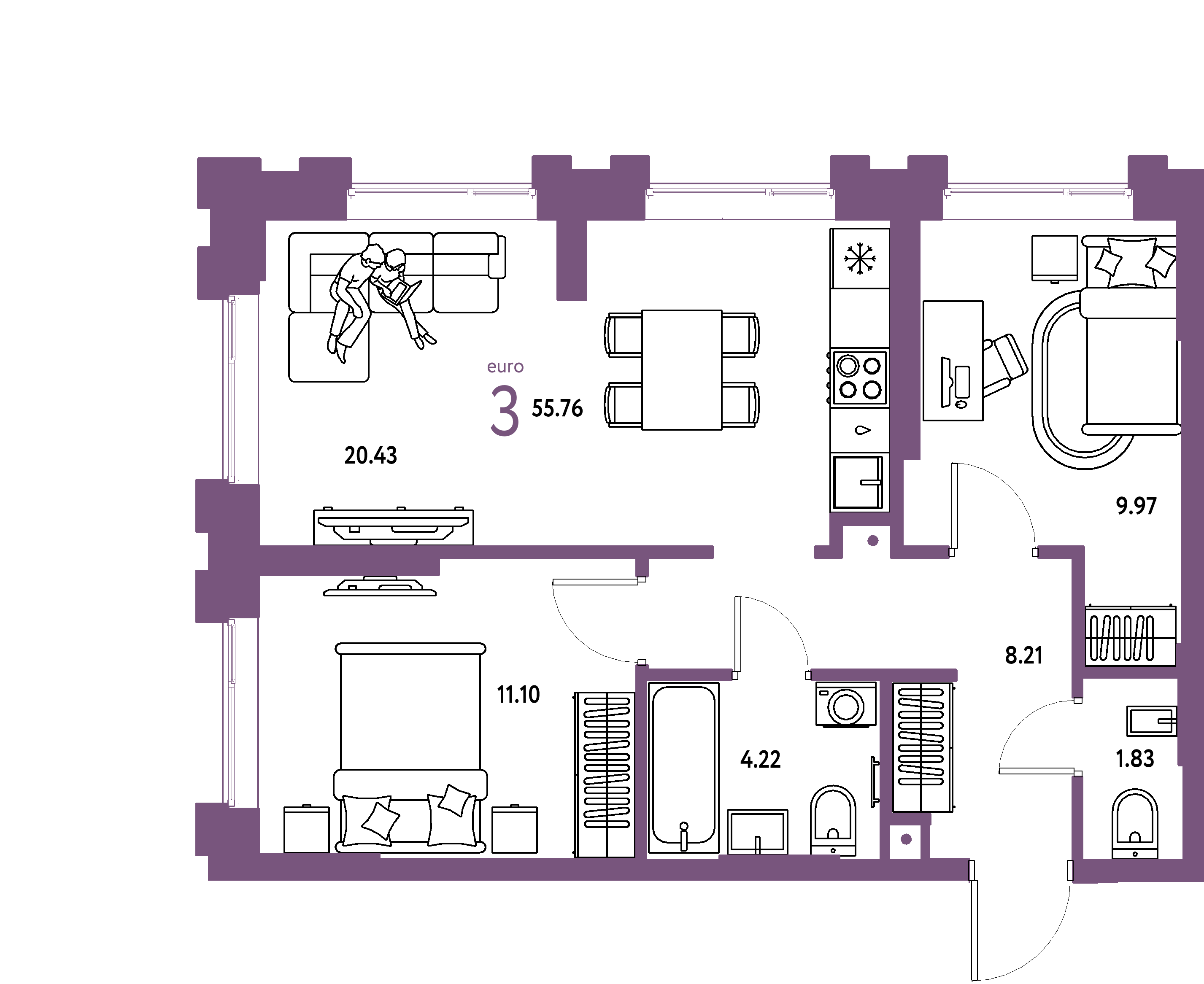 ЖК "Европейский берег 2.0"-3-комнатная 55.76 м²