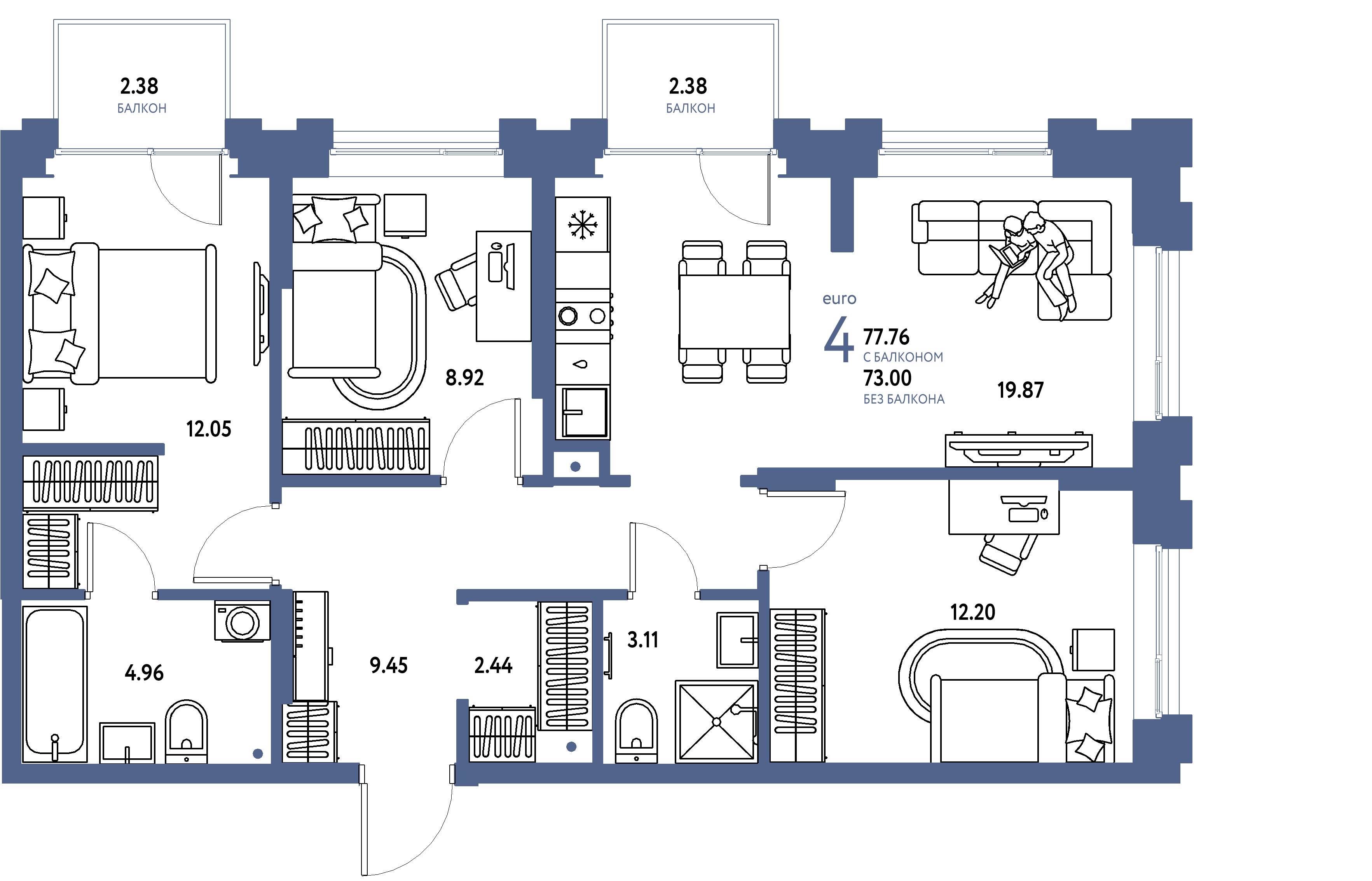 ЖК "Европейский берег 2.0"-4-комнатная 77.76 м²