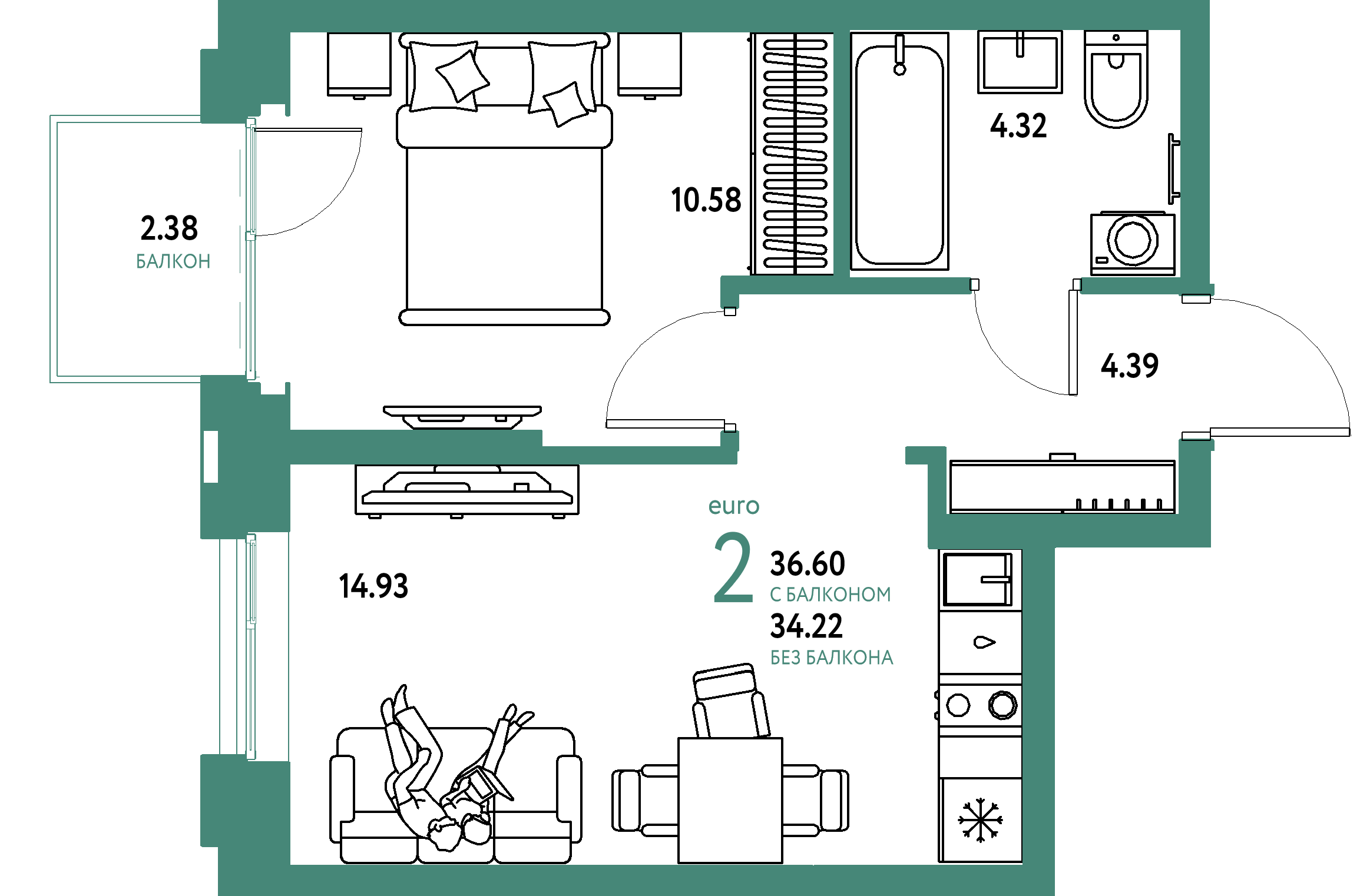 ЖК "Европейский берег 2.0"-2-комнатная 36.6 м²