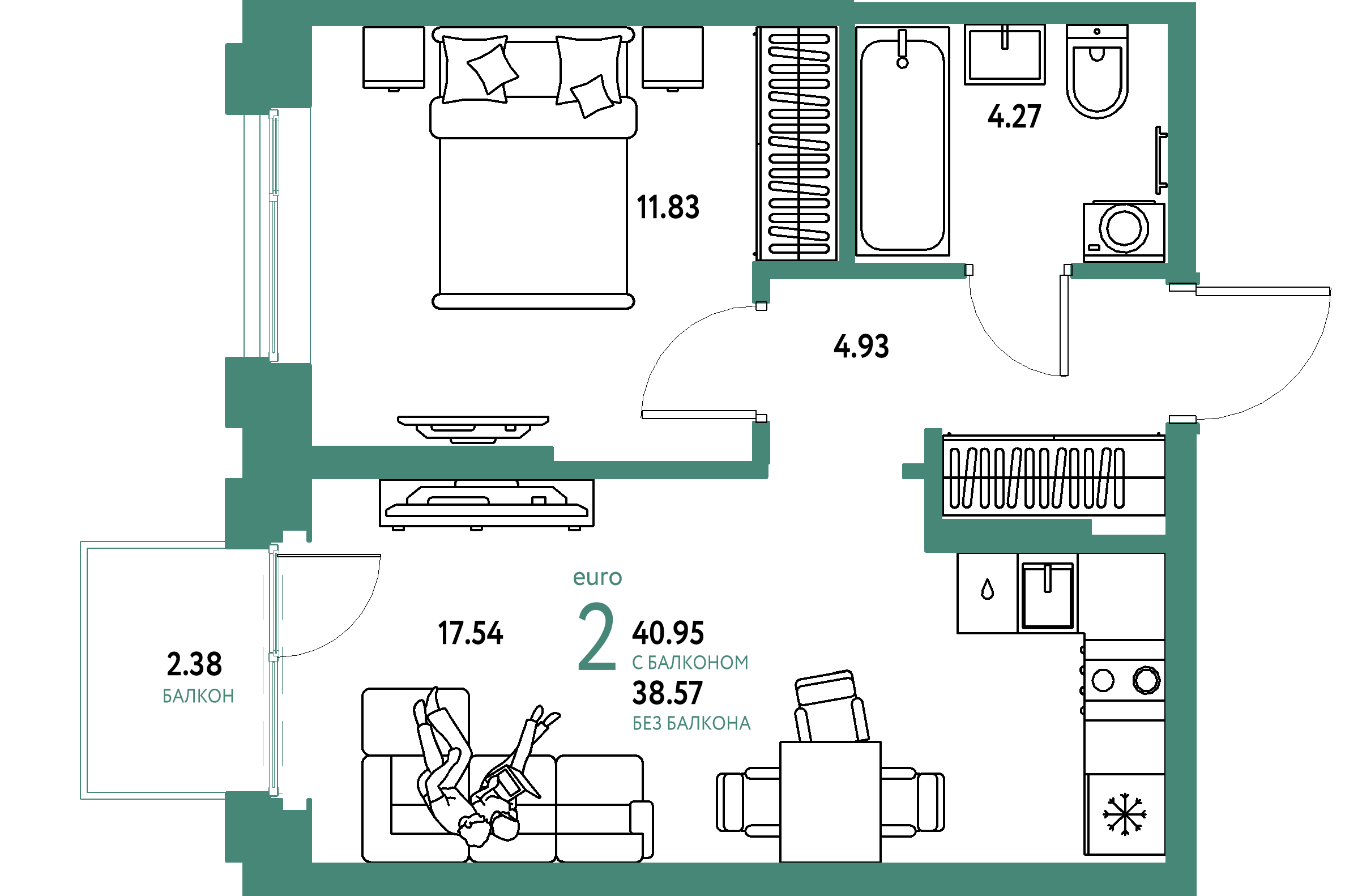 ЖК "Европейский берег 2.0"-2-комнатная 40.95 м²