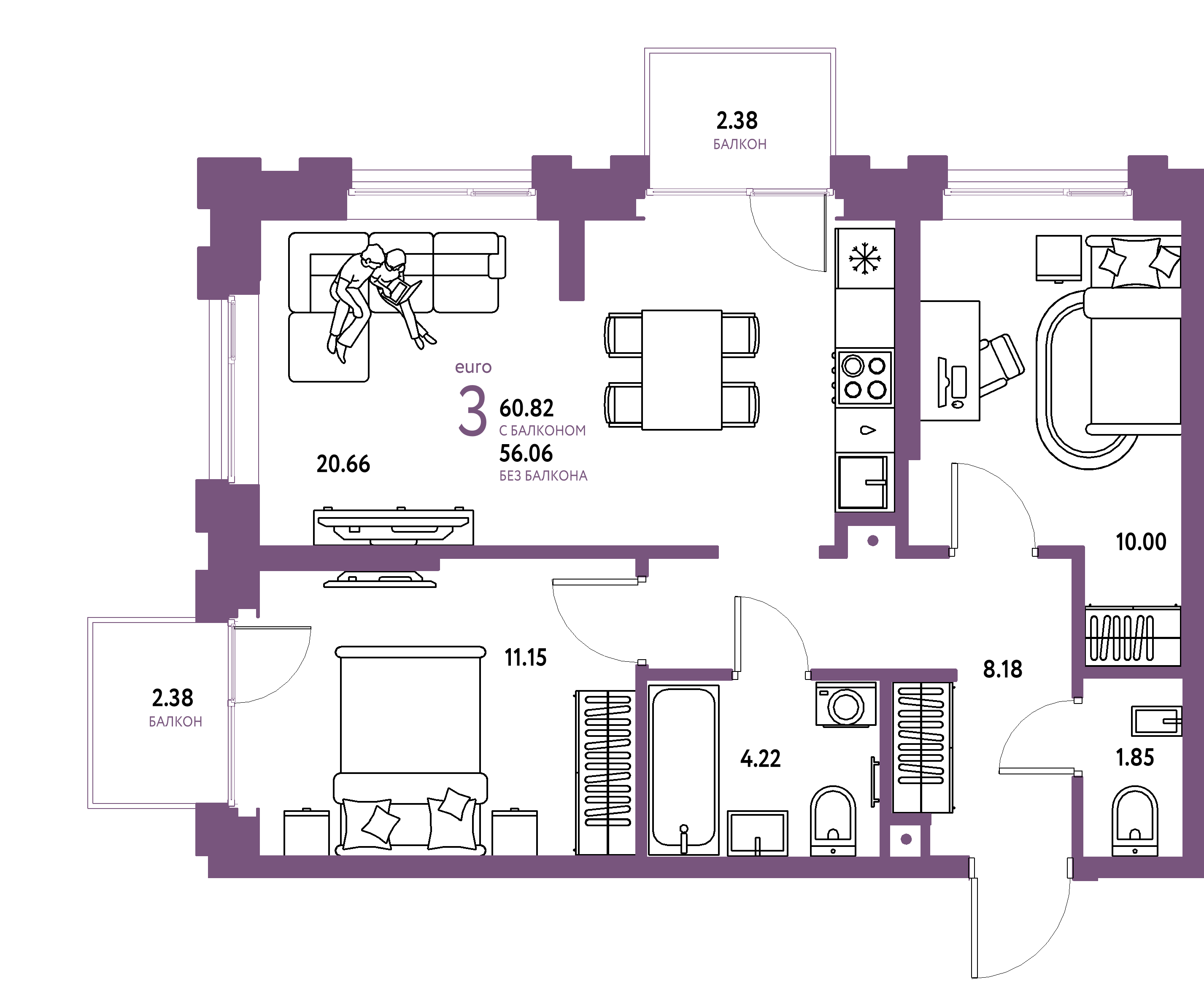 ЖК "Европейский берег 2.0"-3-комнатная 60.82 м²