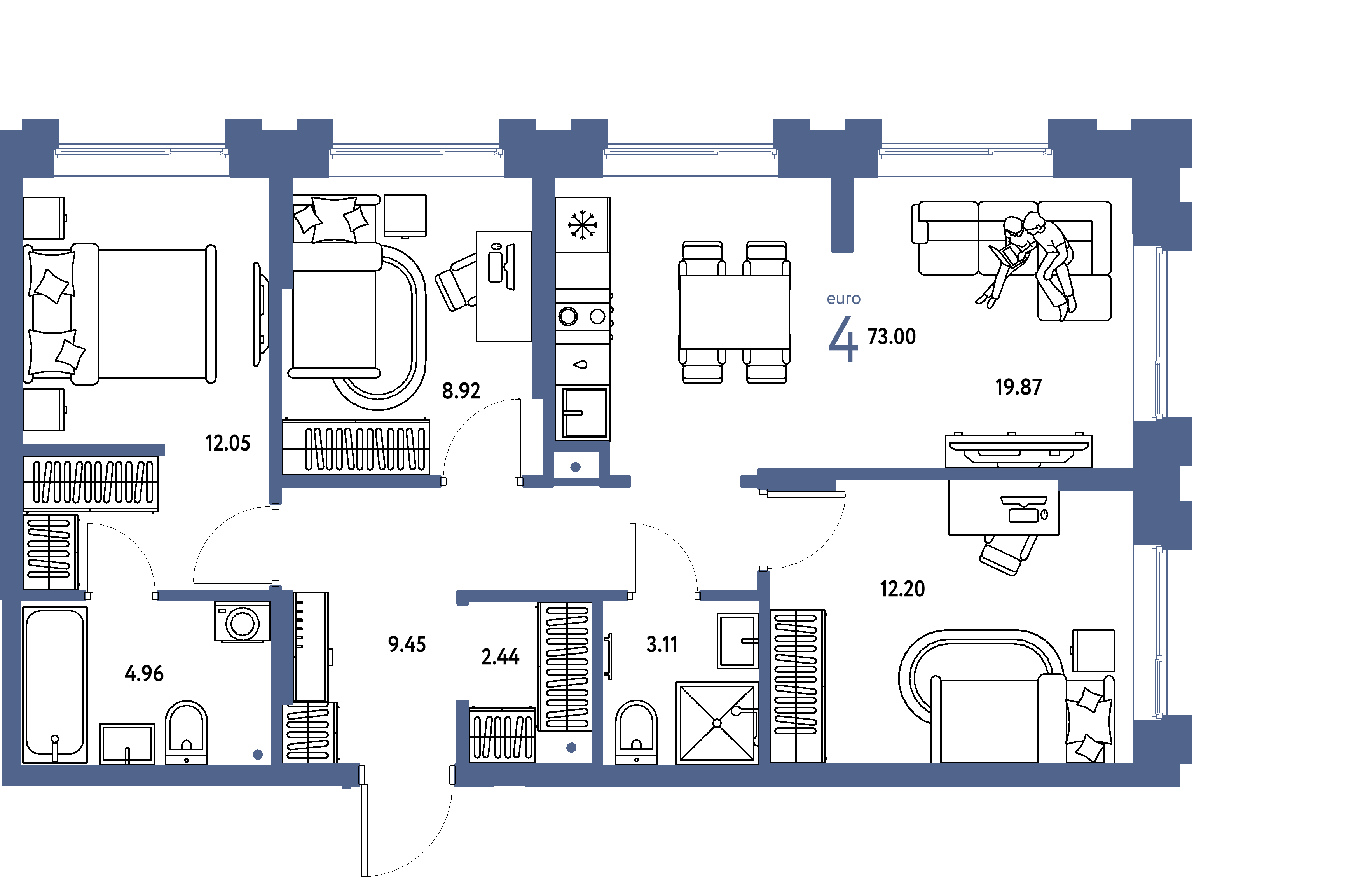 ЖК "Европейский берег 2.0"-4-комнатная 73 м²