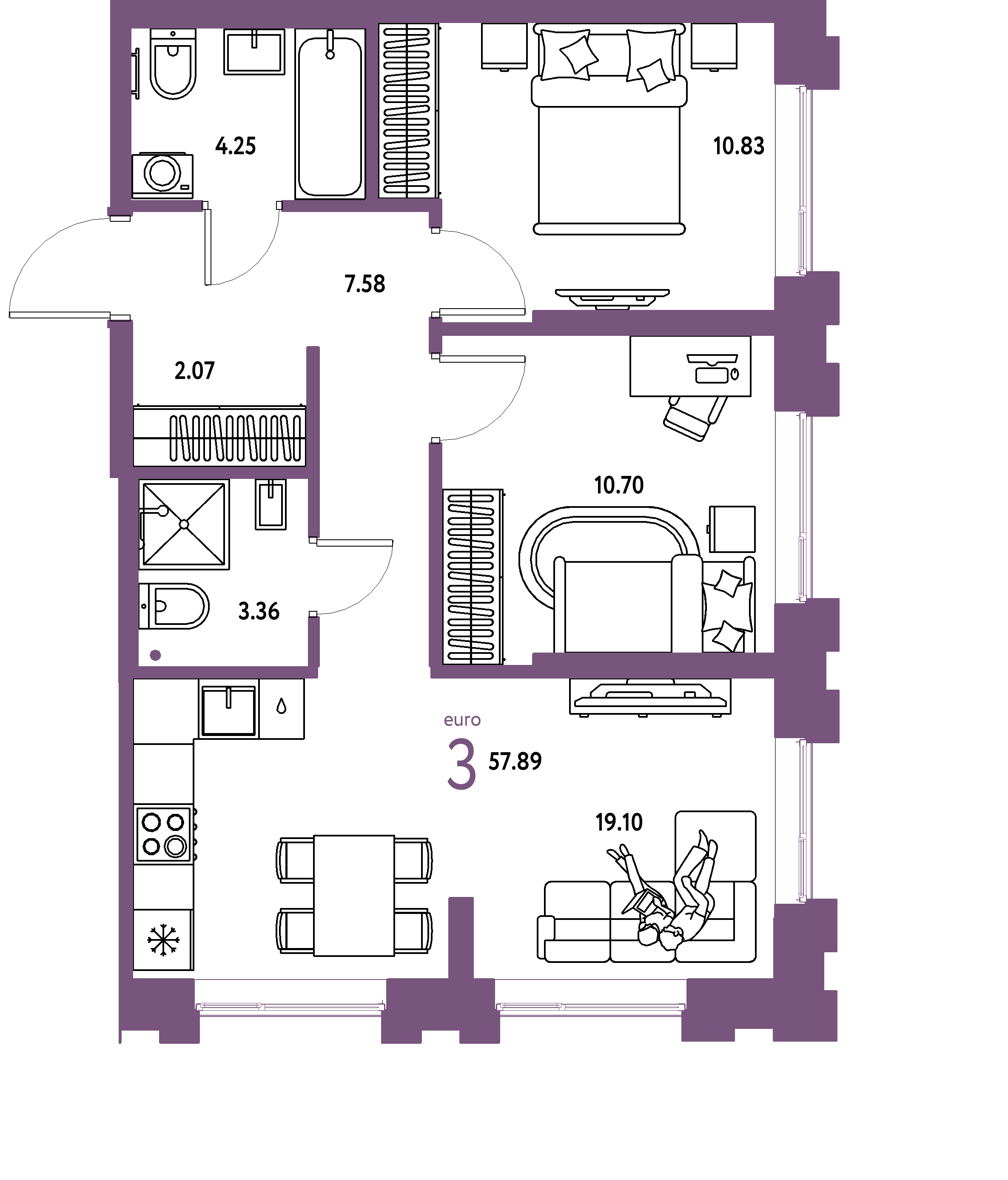ЖК "Европейский берег 2.0"-3-комнатная 57.89 м²