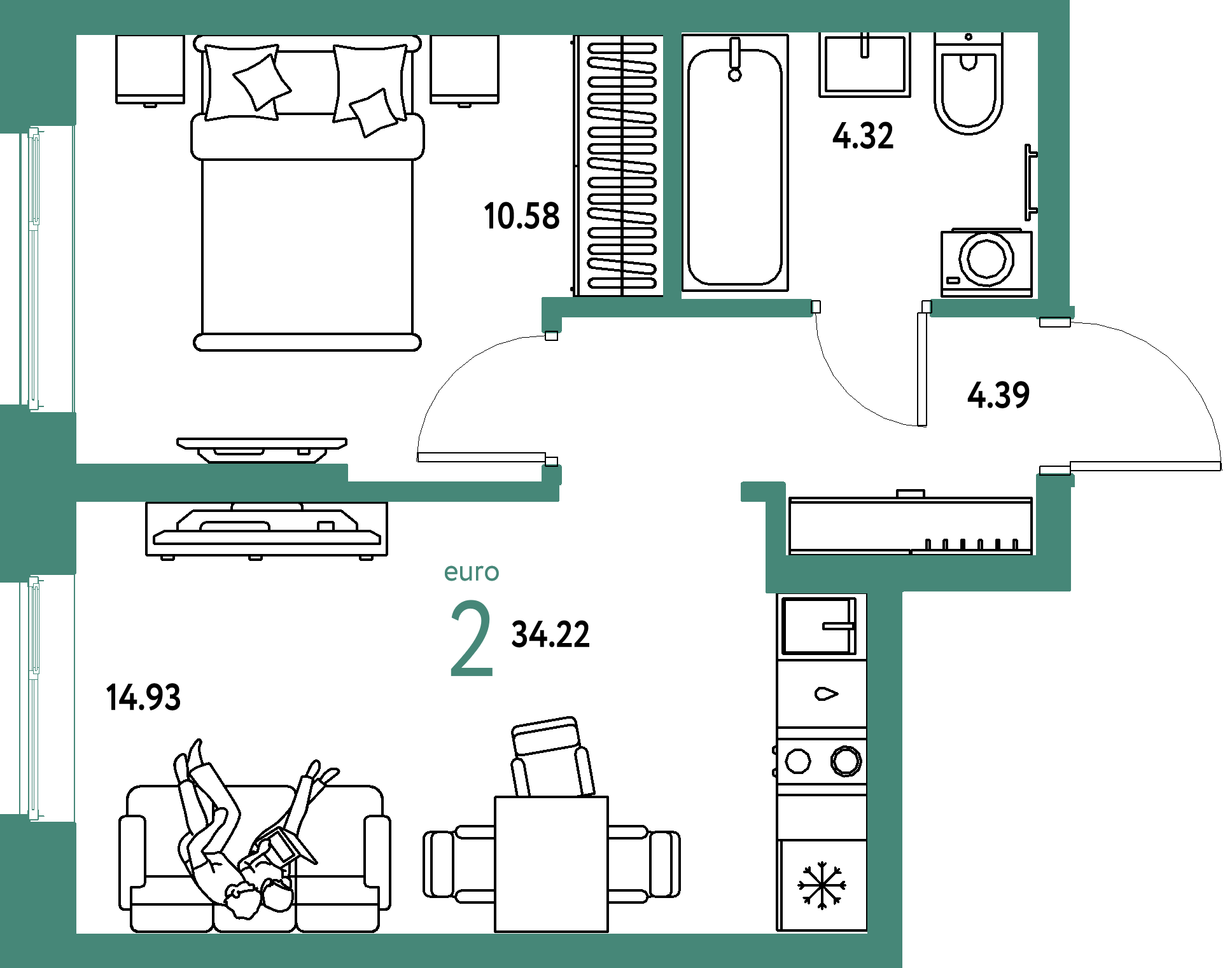 ЖК "Европейский берег 2.0"-2-комнатная 34.22 м²