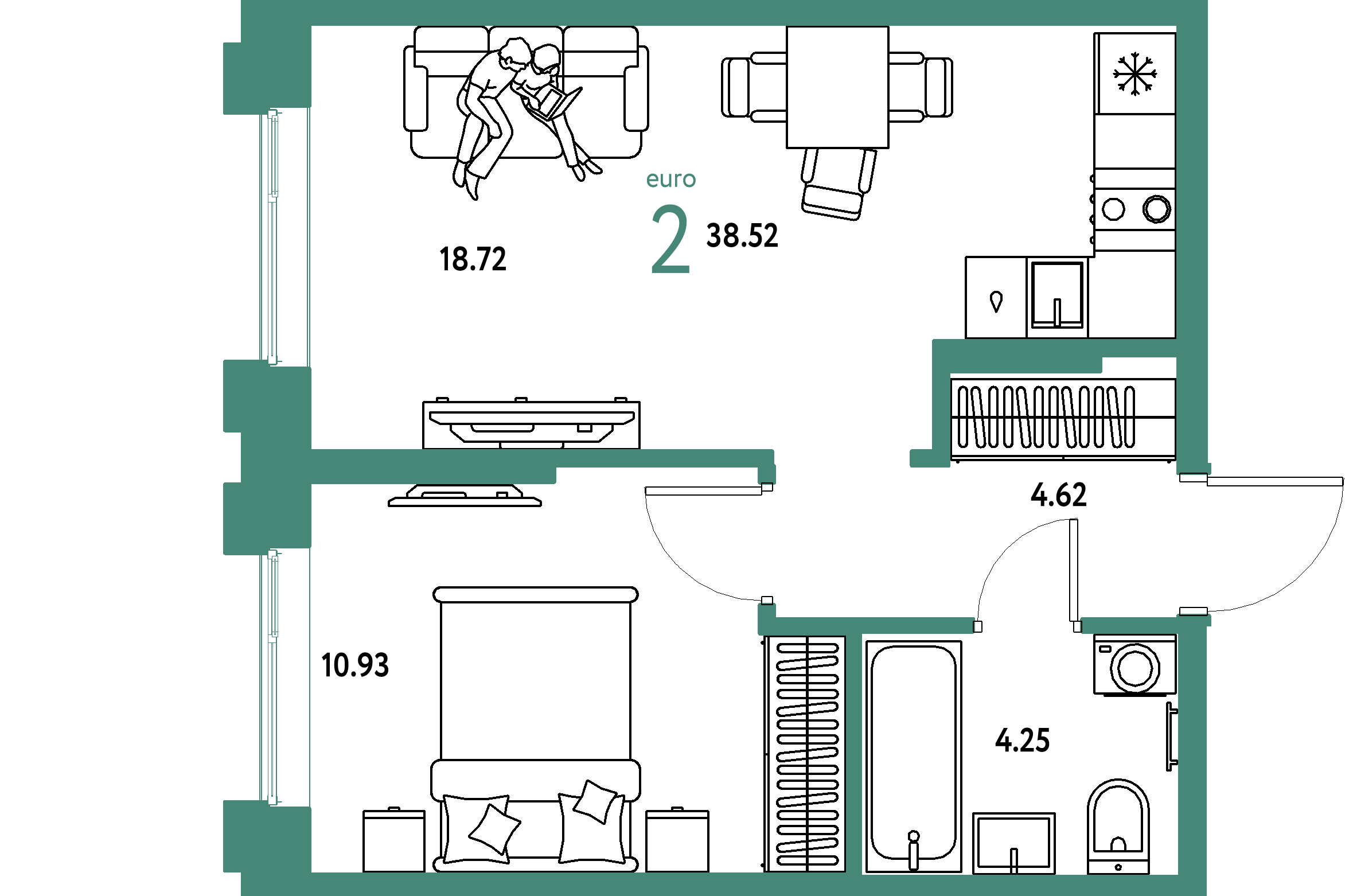 ЖК "Европейский берег 2.0"-2-комнатная 38.52 м²