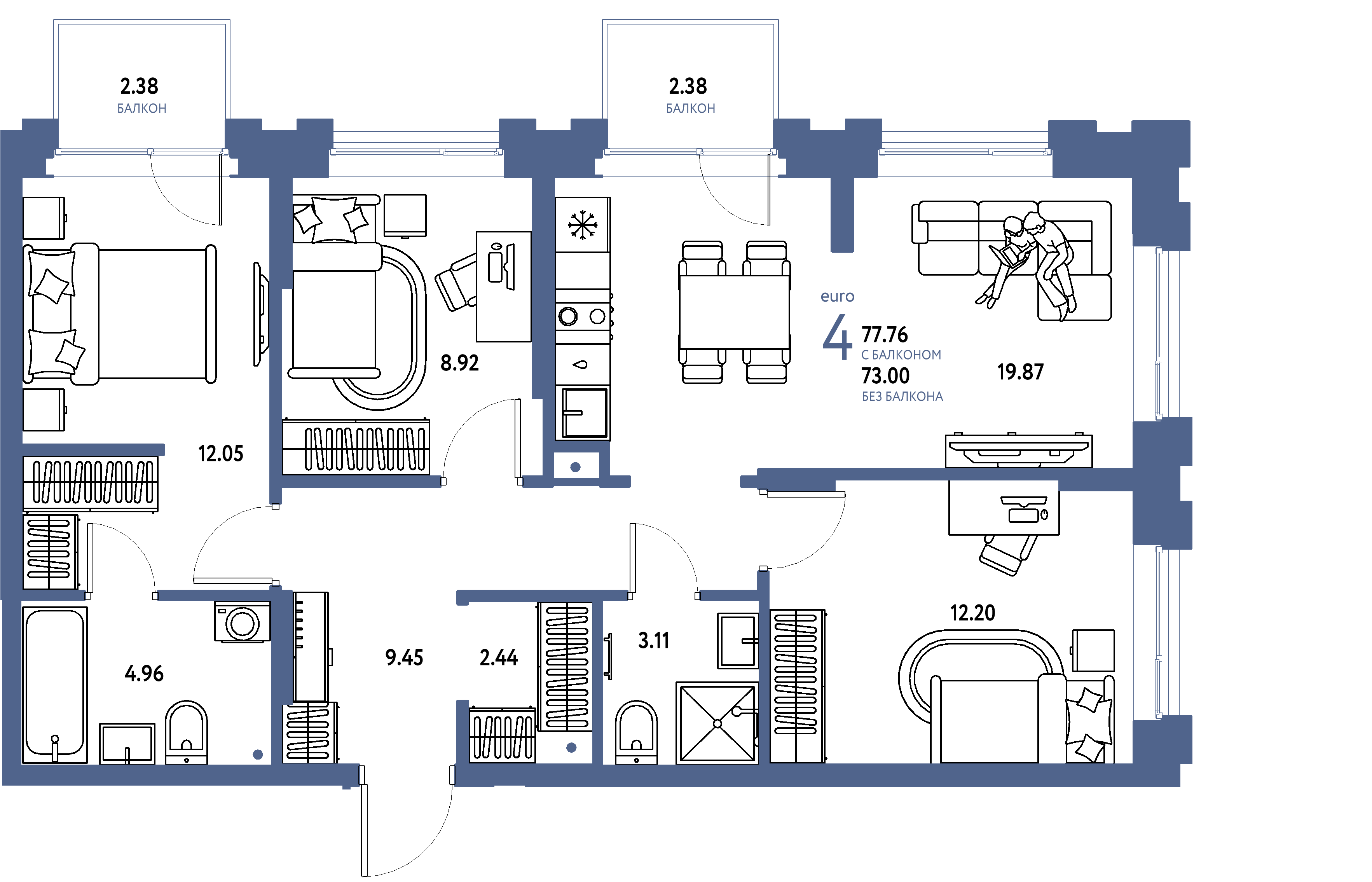 ЖК "Европейский берег 2.0"-4-комнатная 77.76 м²