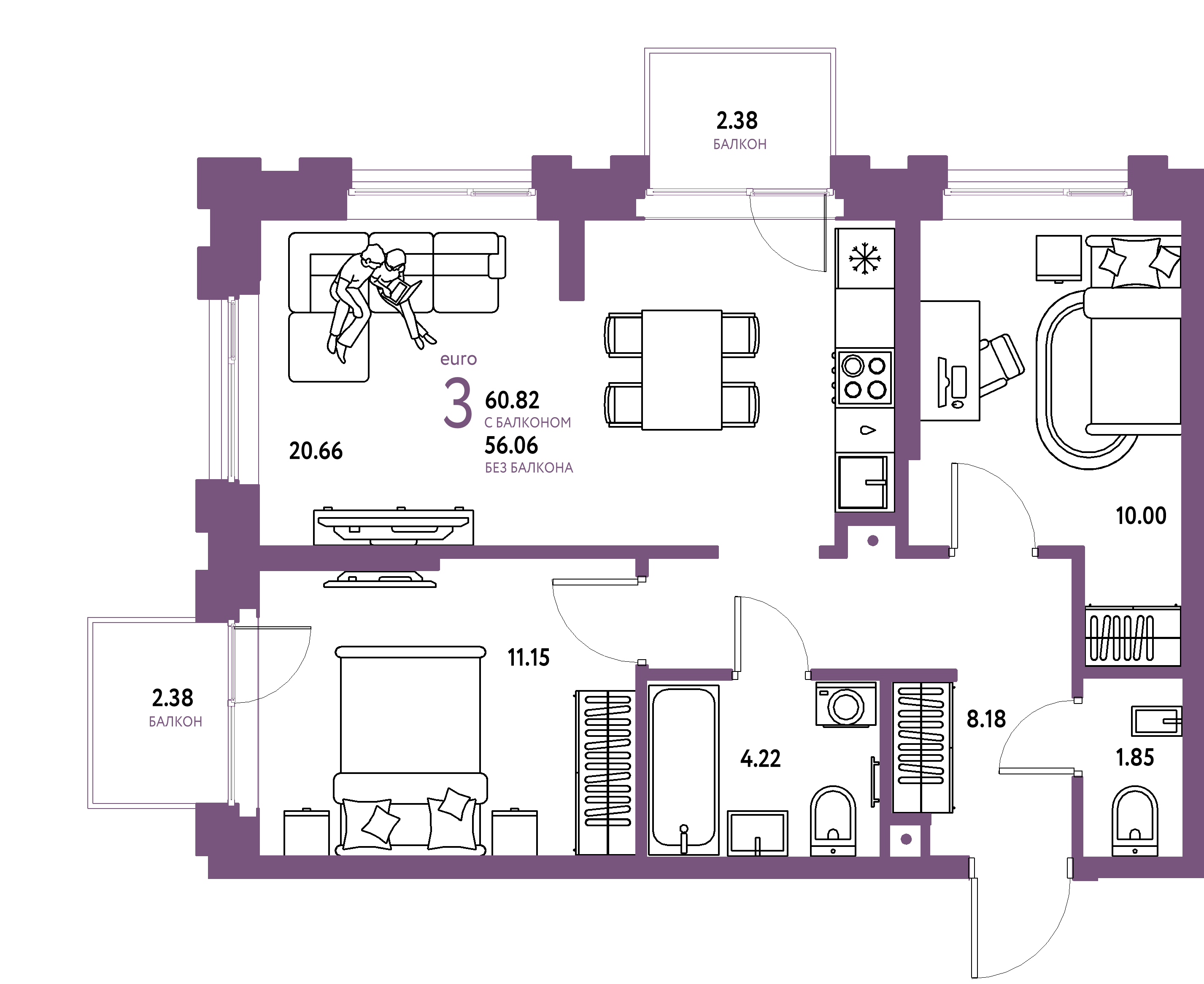 ЖК "Европейский берег 2.0"-3-комнатная 60.82 м²