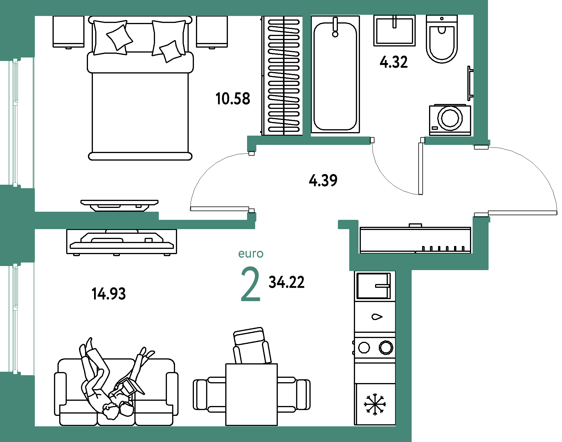 ЖК "Европейский берег 2.0"-2-комнатная 34.22 м²